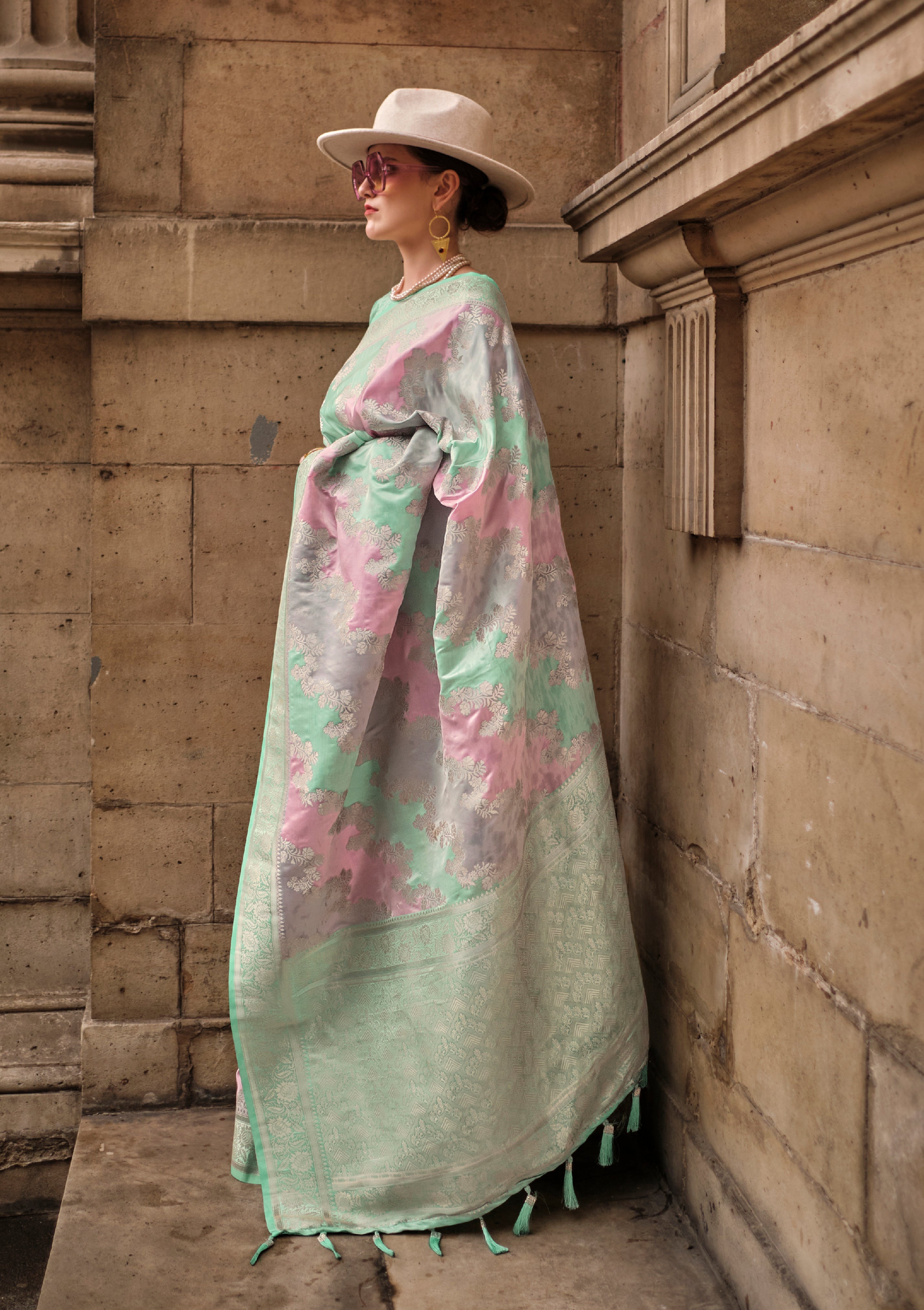 Multicolor Ranghat Satin Saree With  Woven Work