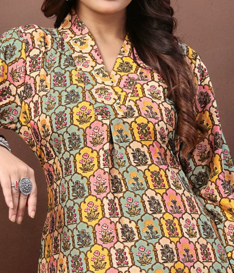 Multicolor Rayon Kurta Pant With Printed