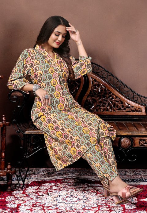 Multicolor Rayon Kurta Pant With Printed