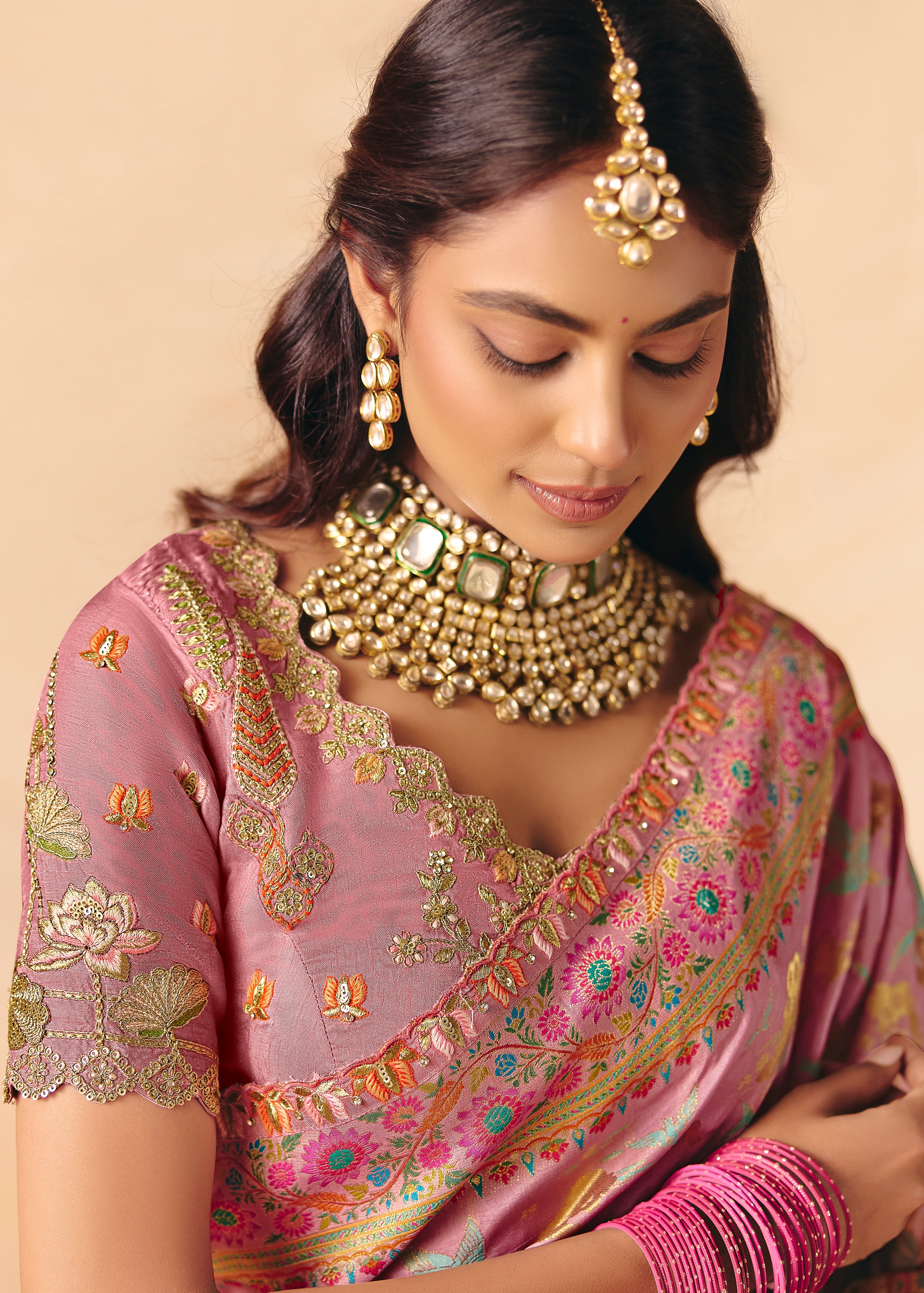Multicolor Saree With  Heavy Embroidery, Sequin, Thread, and Stone Work On Patli & Cutwork Lace With Heavy Work Blouse