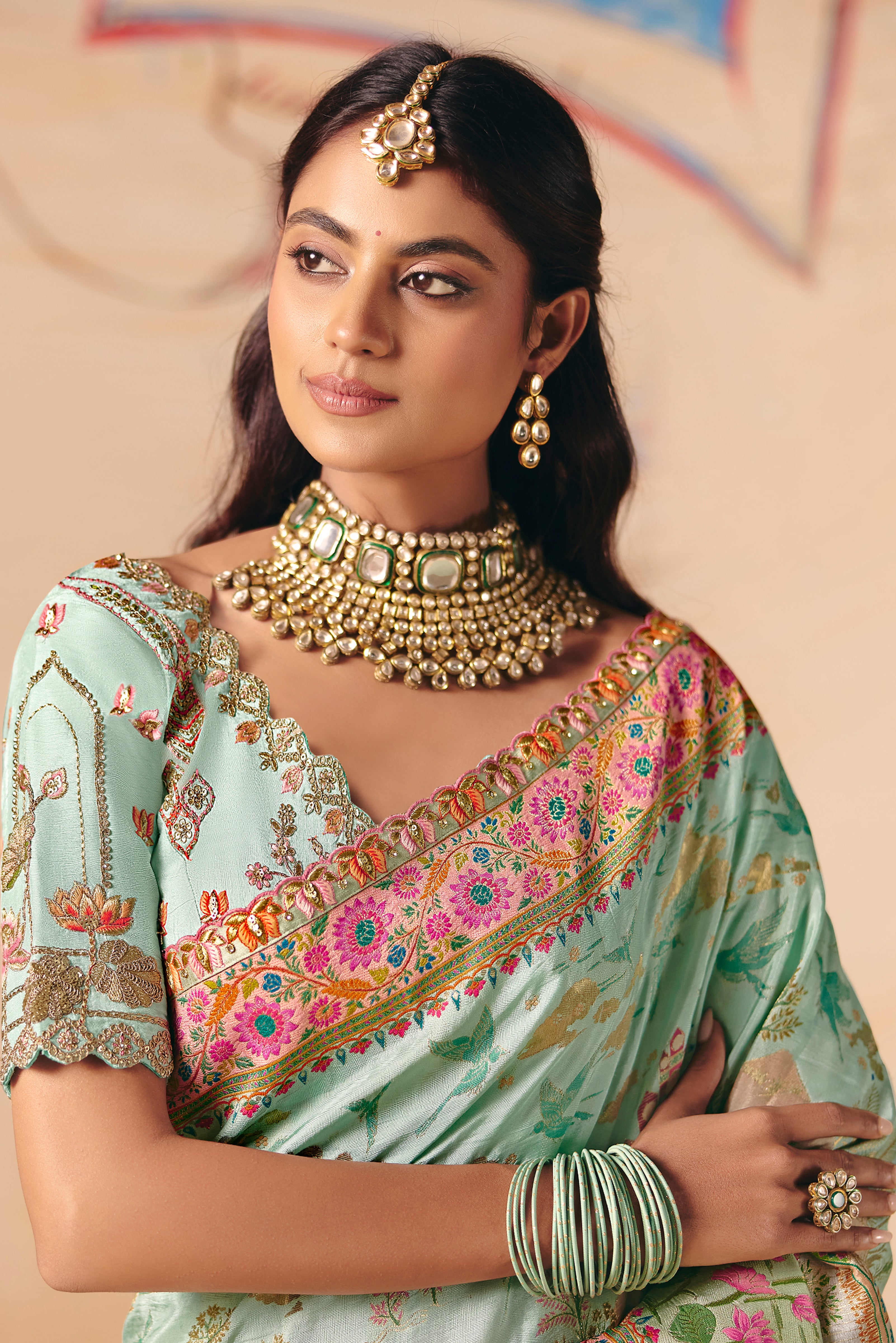 Multicolor Saree With  Heavy Embroidery, Sequin, Thread, and Stone Work On Patli & Cutwork Lace With Heavy Work Blouse