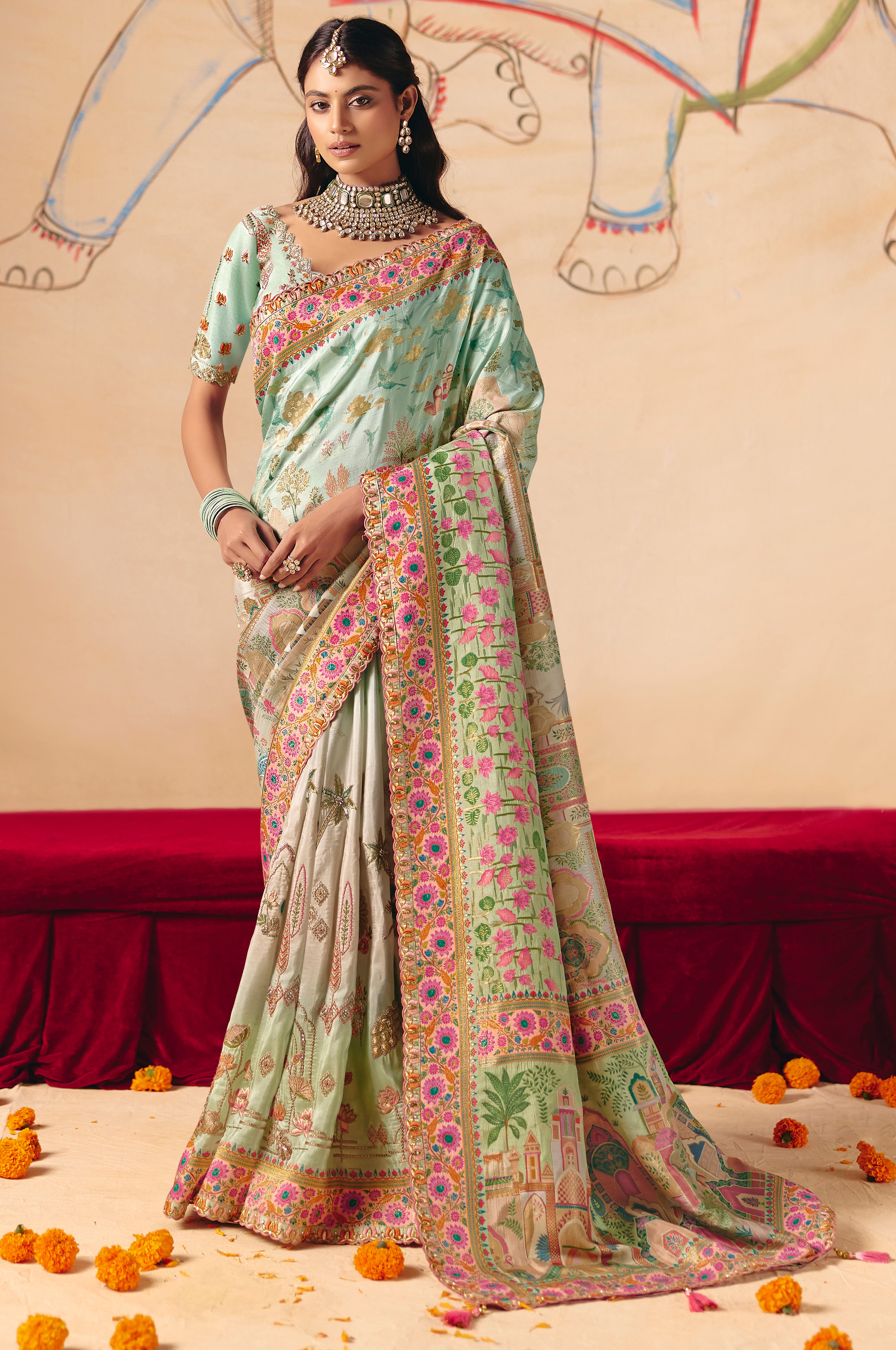 Multicolor Saree With  Heavy Embroidery, Sequin, Thread, and Stone Work On Patli & Cutwork Lace With Heavy Work Blouse