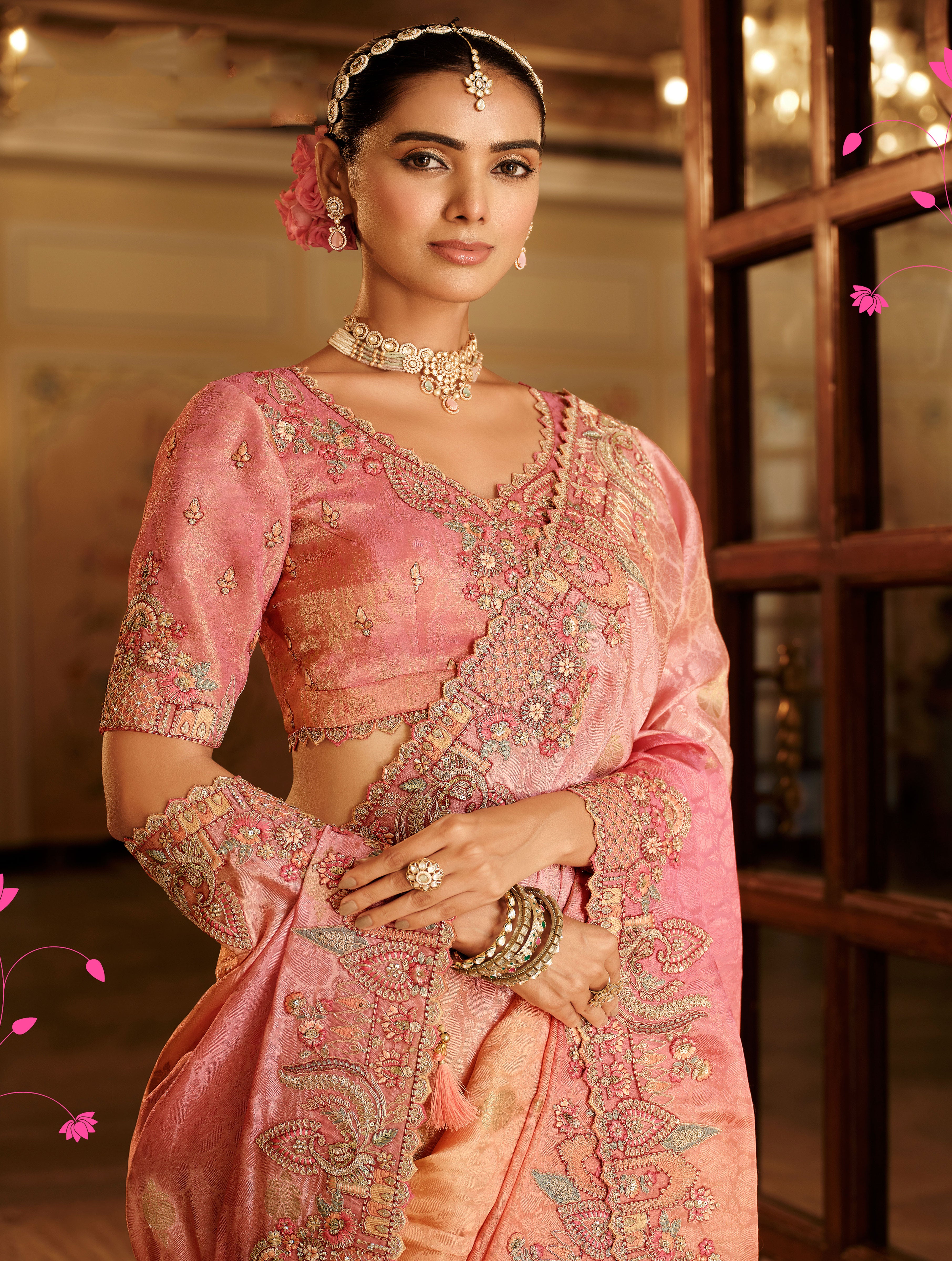 Multicolor Saree With  Zari weaving With Heavy Thread Embroidery With khatli work