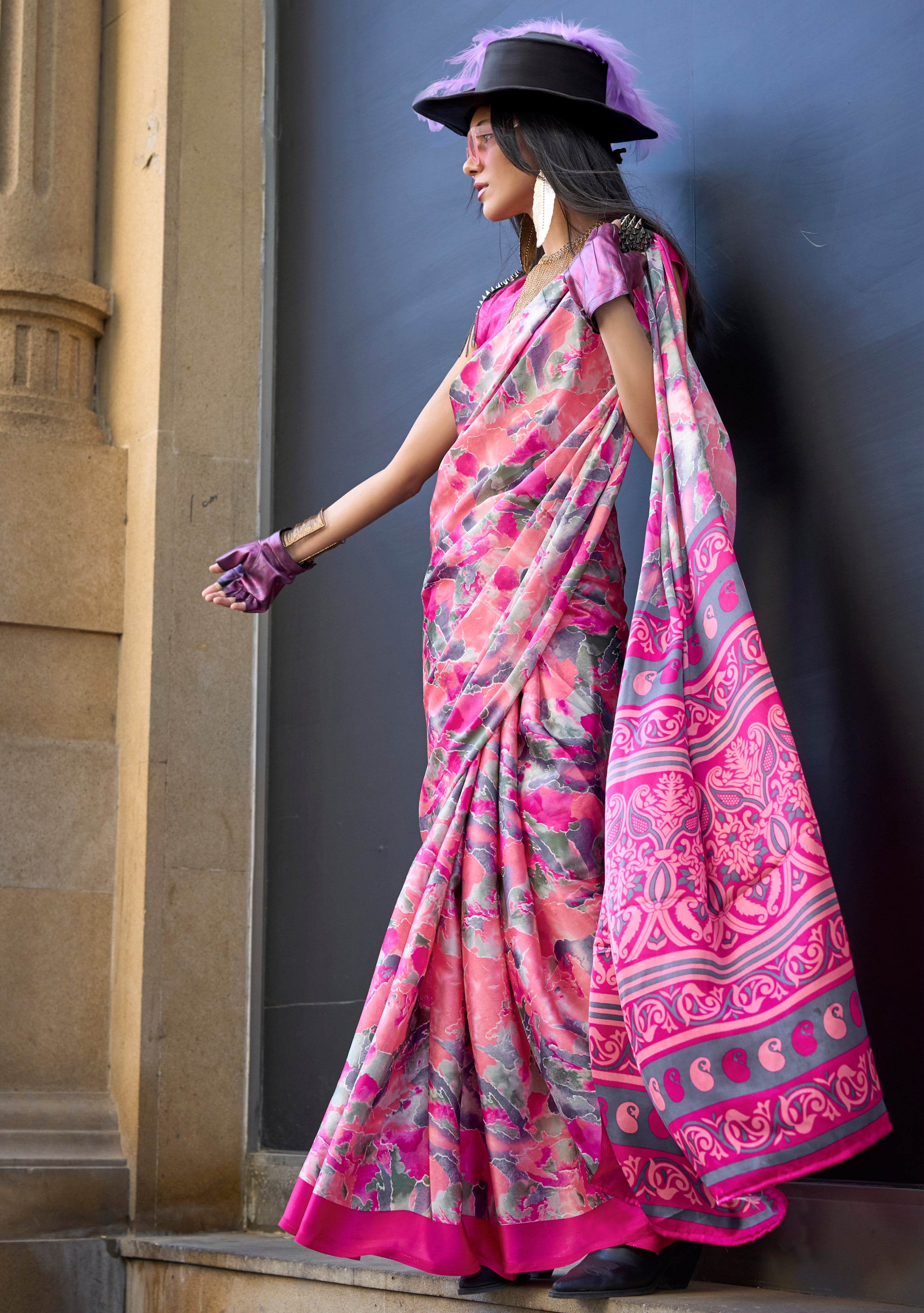 Multicolor Satin Saree With  Digital Print