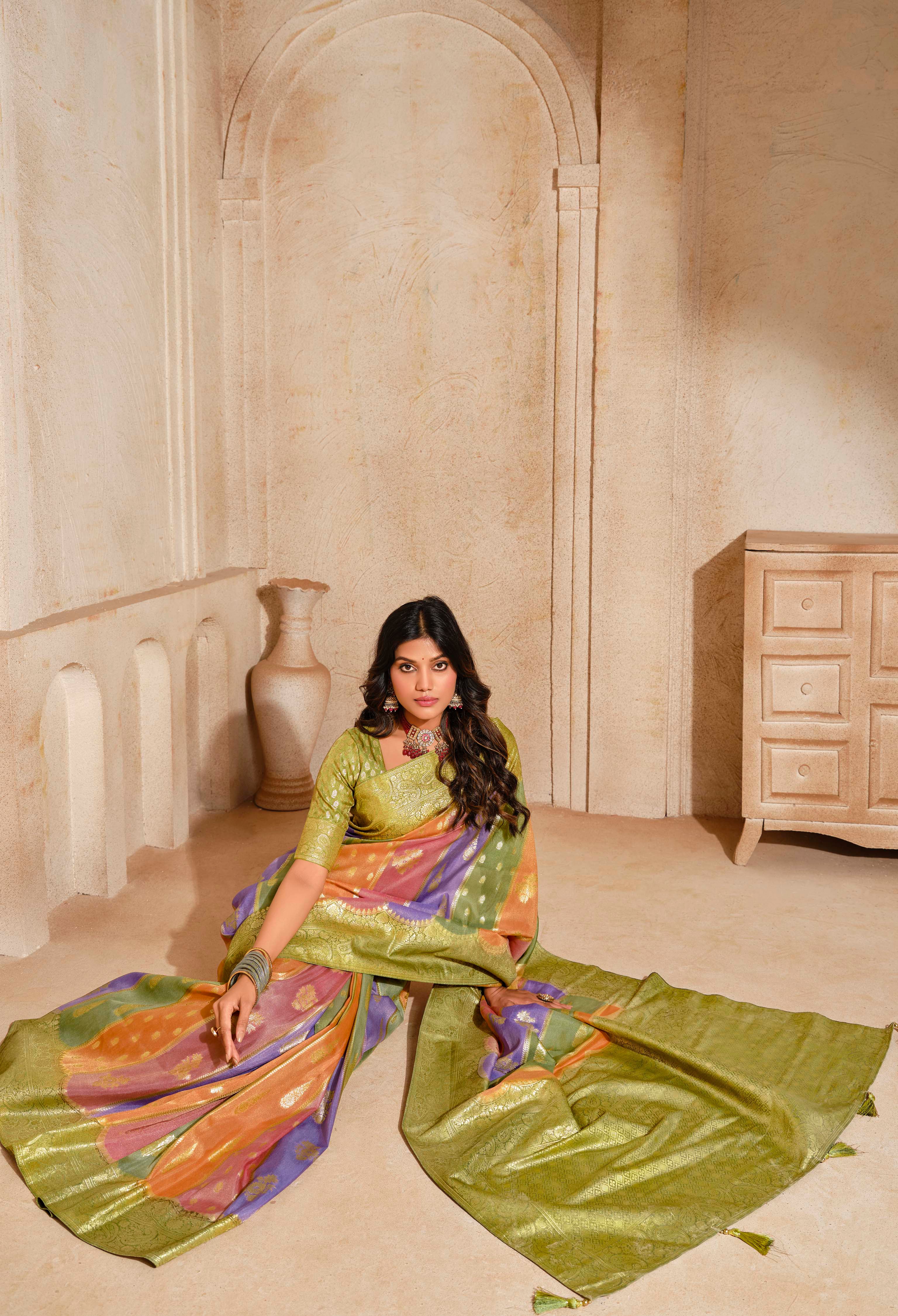 Multicolor Silk Saree With  Jacquard Woven Work