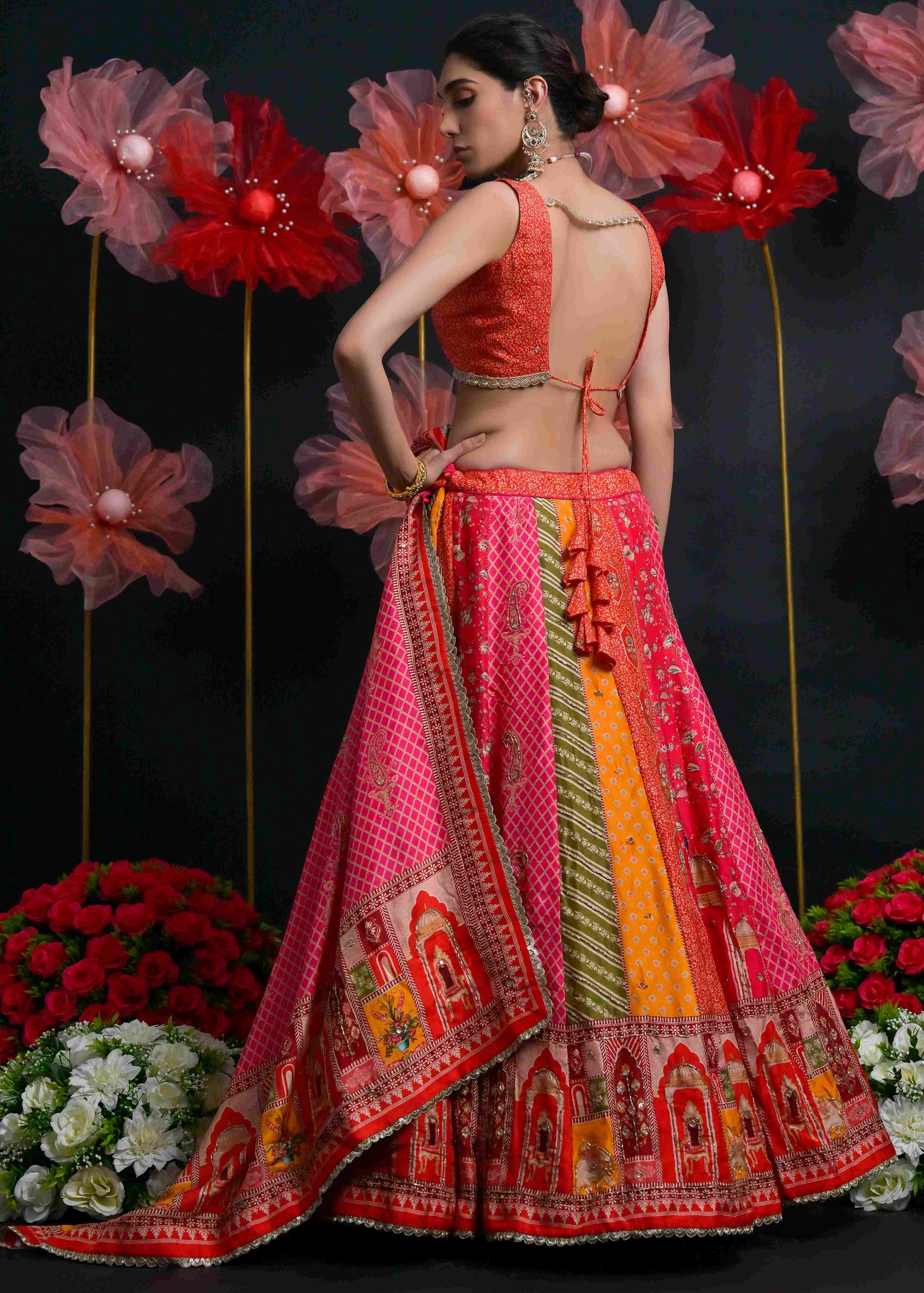 Multicolor Viscose Russian Lehenga Choli With Print With Zardosi, Cutdana, Sequins With Gota Patti Work
