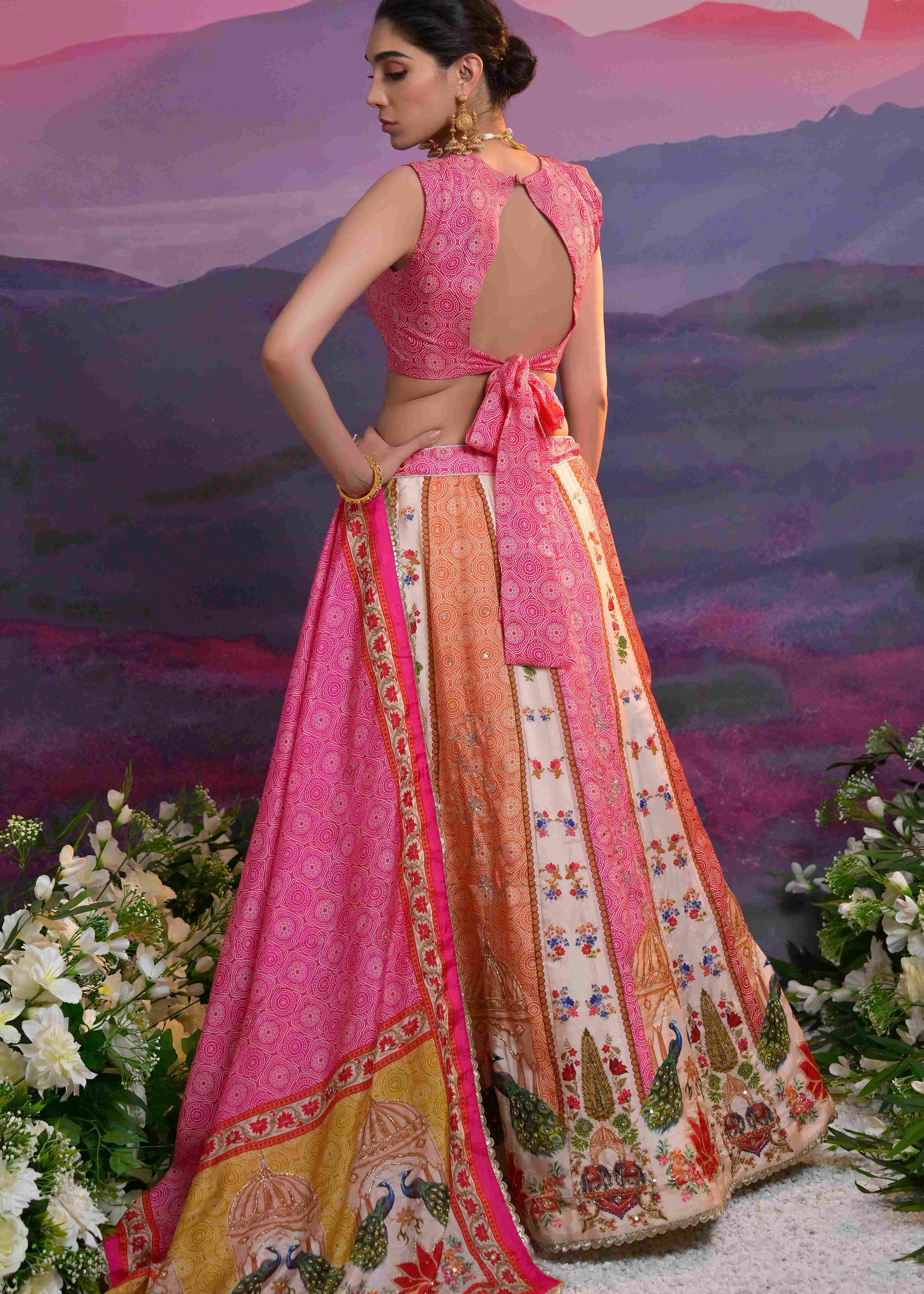 Multicolor Viscose Russian Lehenga Choli With Print With Zardosi, Cutdana, Sequins With Gota Patti Work