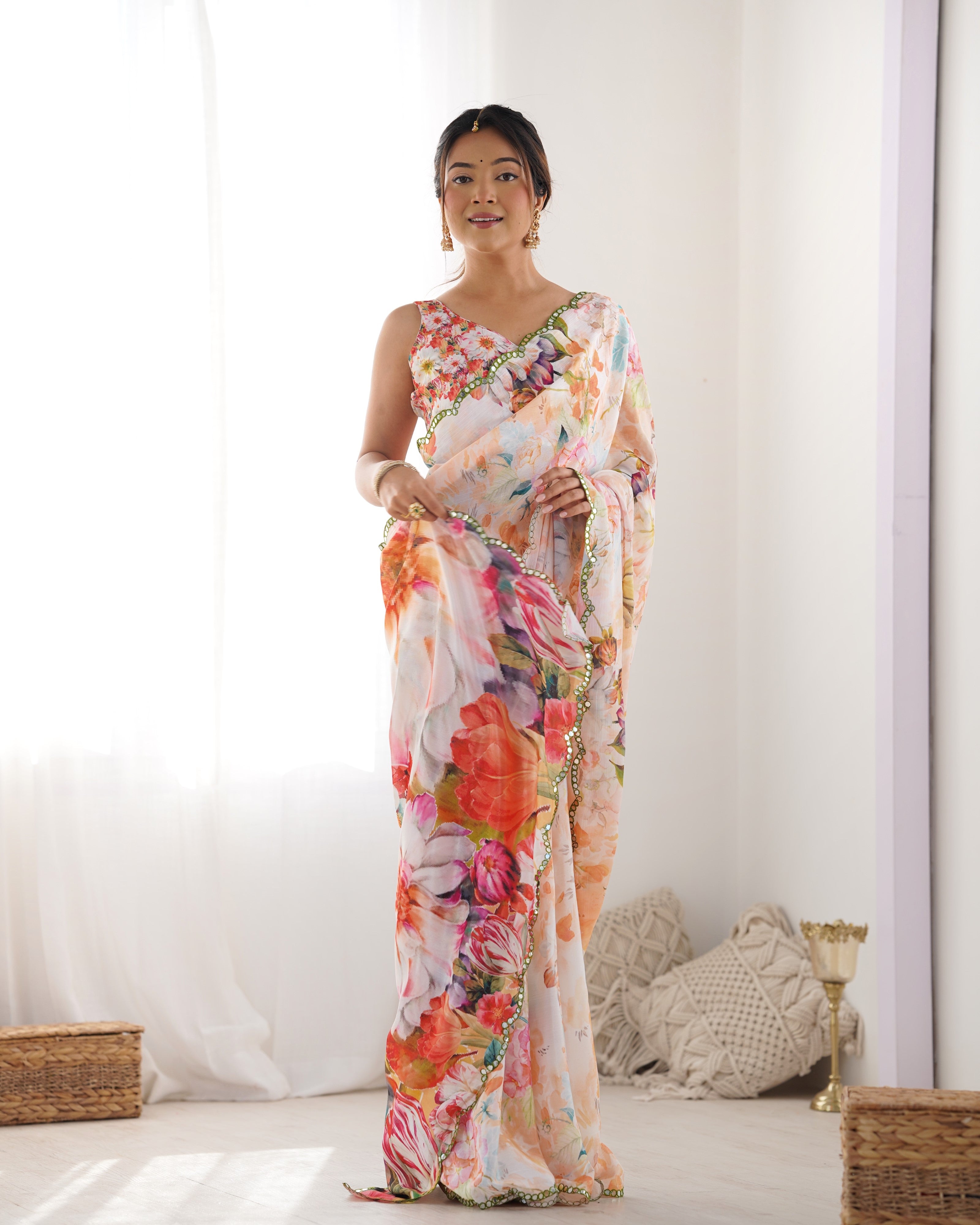 Multy Beautiful Chinon Fabric Digital Printed Saree With Mirror Cut Work