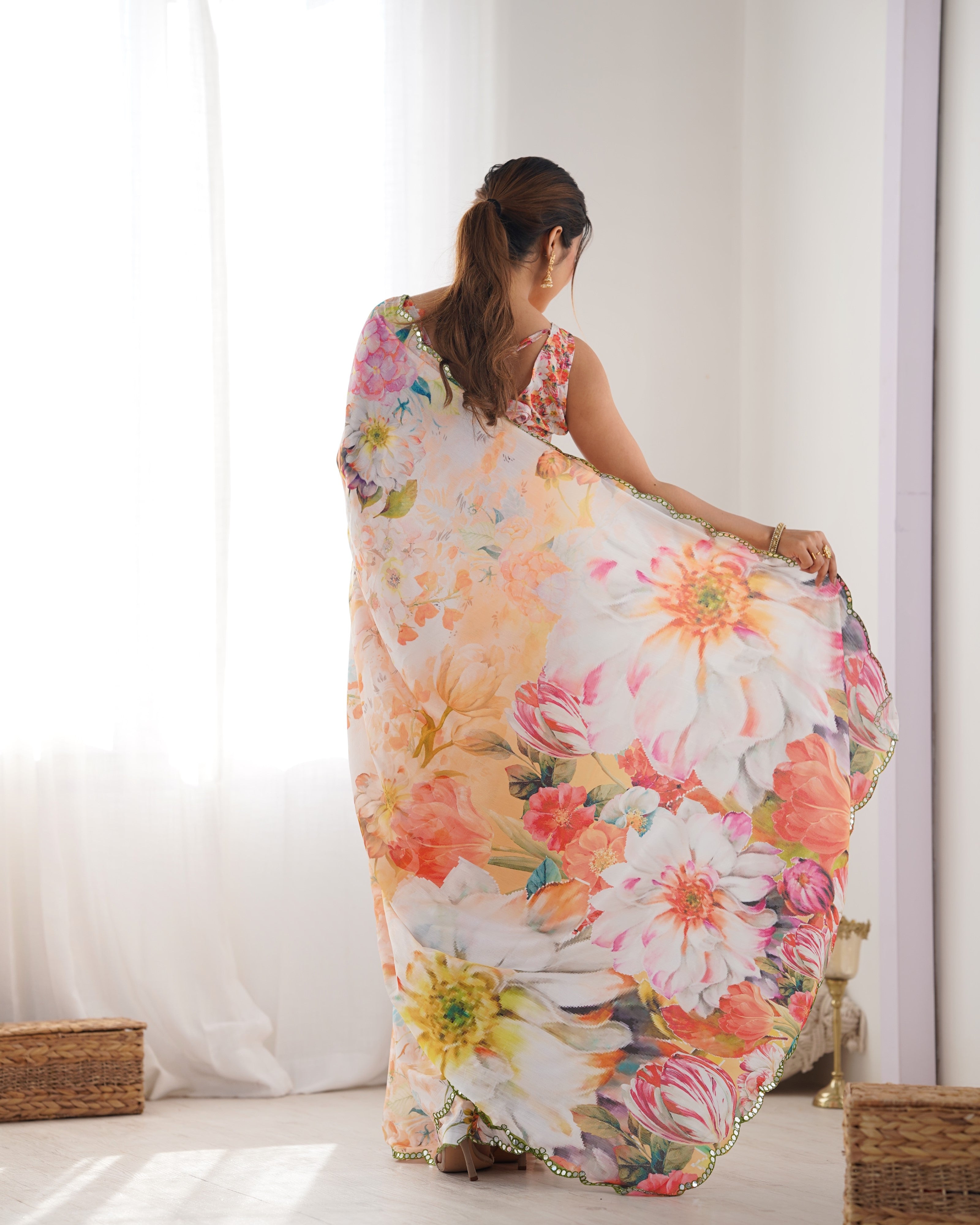Multy Beautiful Chinon Fabric Digital Printed Saree With Mirror Cut Work