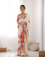 Multy Beautiful Chinon Fabric Digital Printed Saree With Mirror Cut Work
