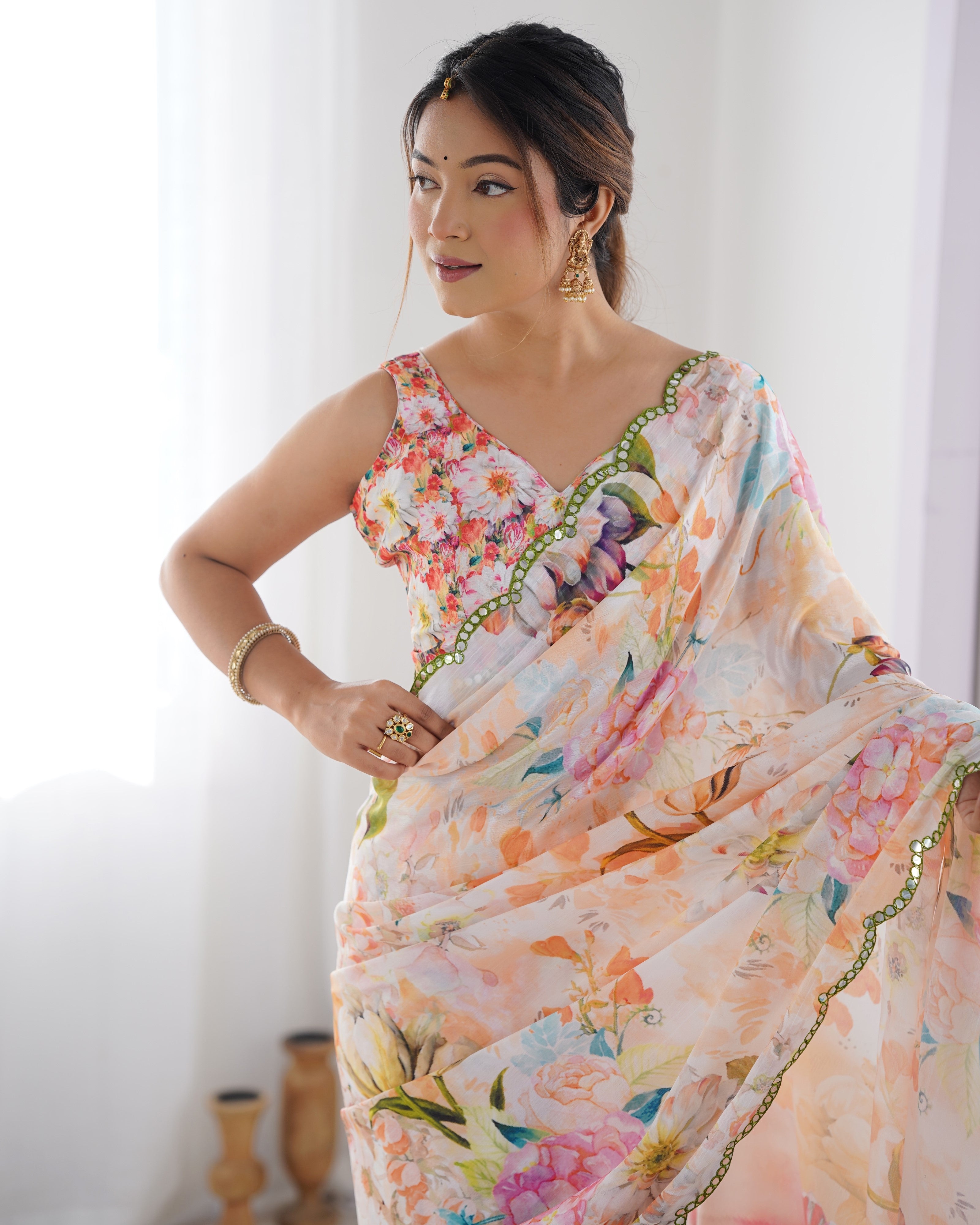 Multy Beautiful Chinon Fabric Digital Printed Saree With Mirror Cut Work