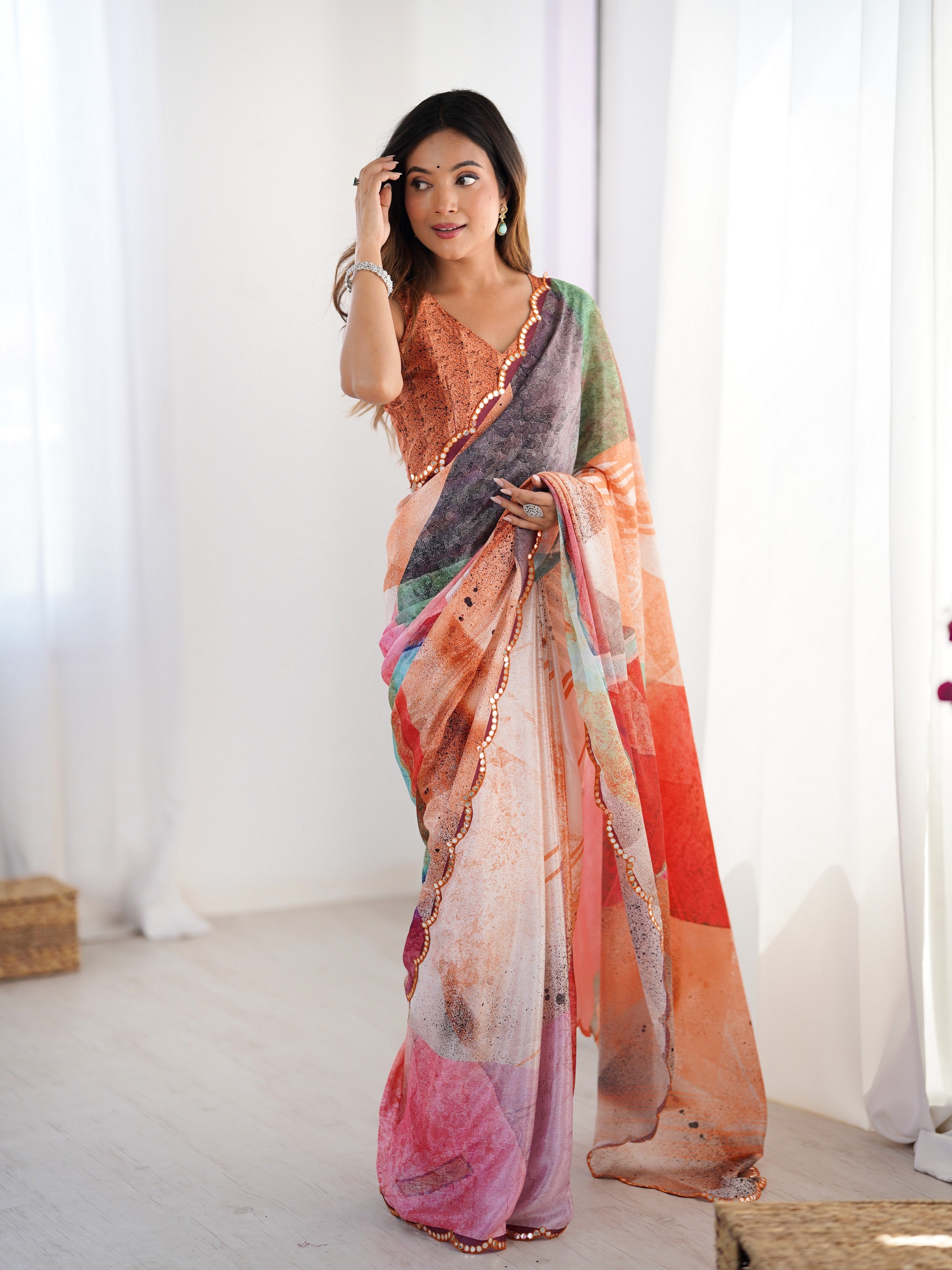 Multy Ethnic Partywear Digital Printed Saree With Stylish Cut Border