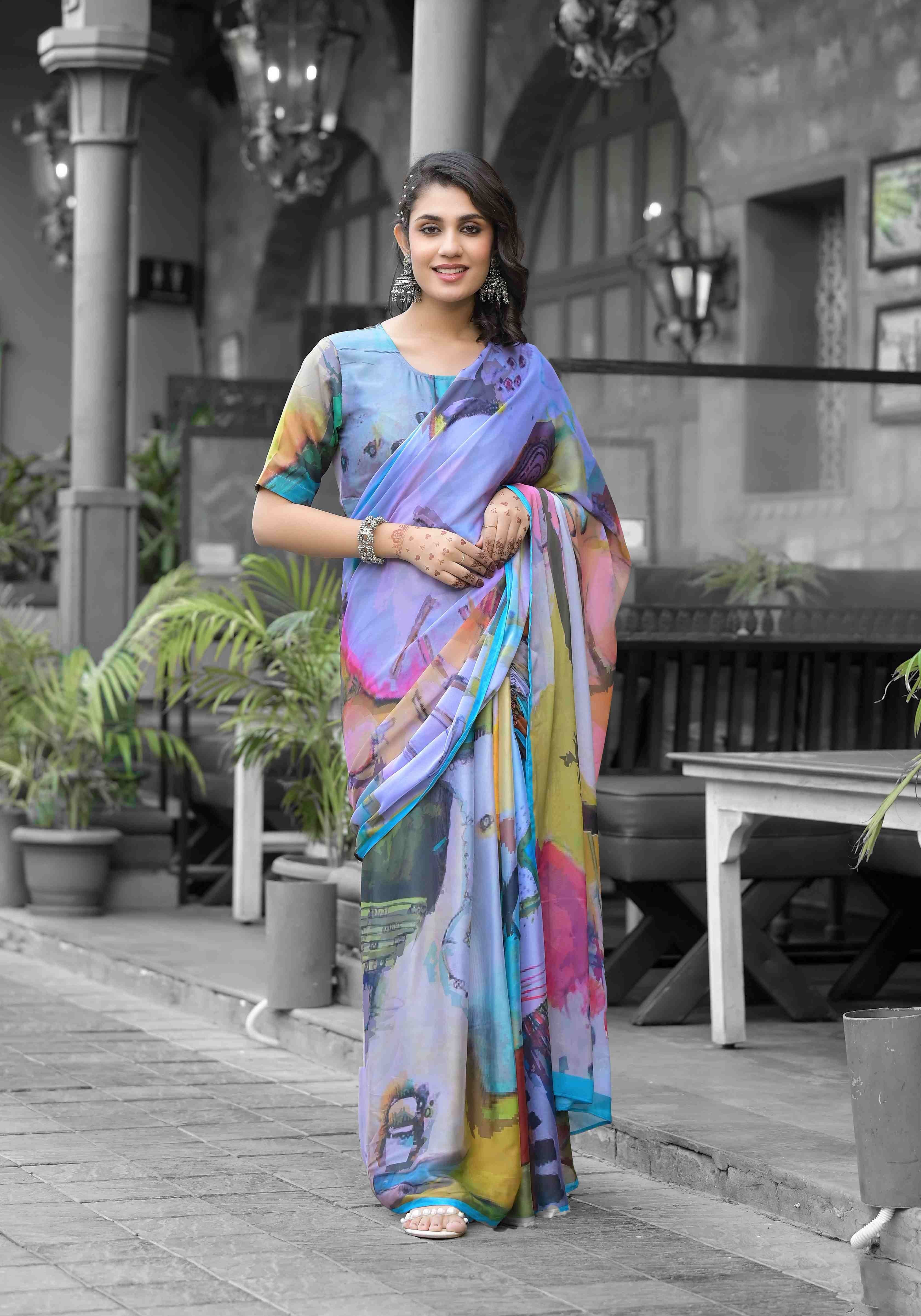 Multy Imported Georgette Designer Digital Printed Ready To Wear Gown Style Saree