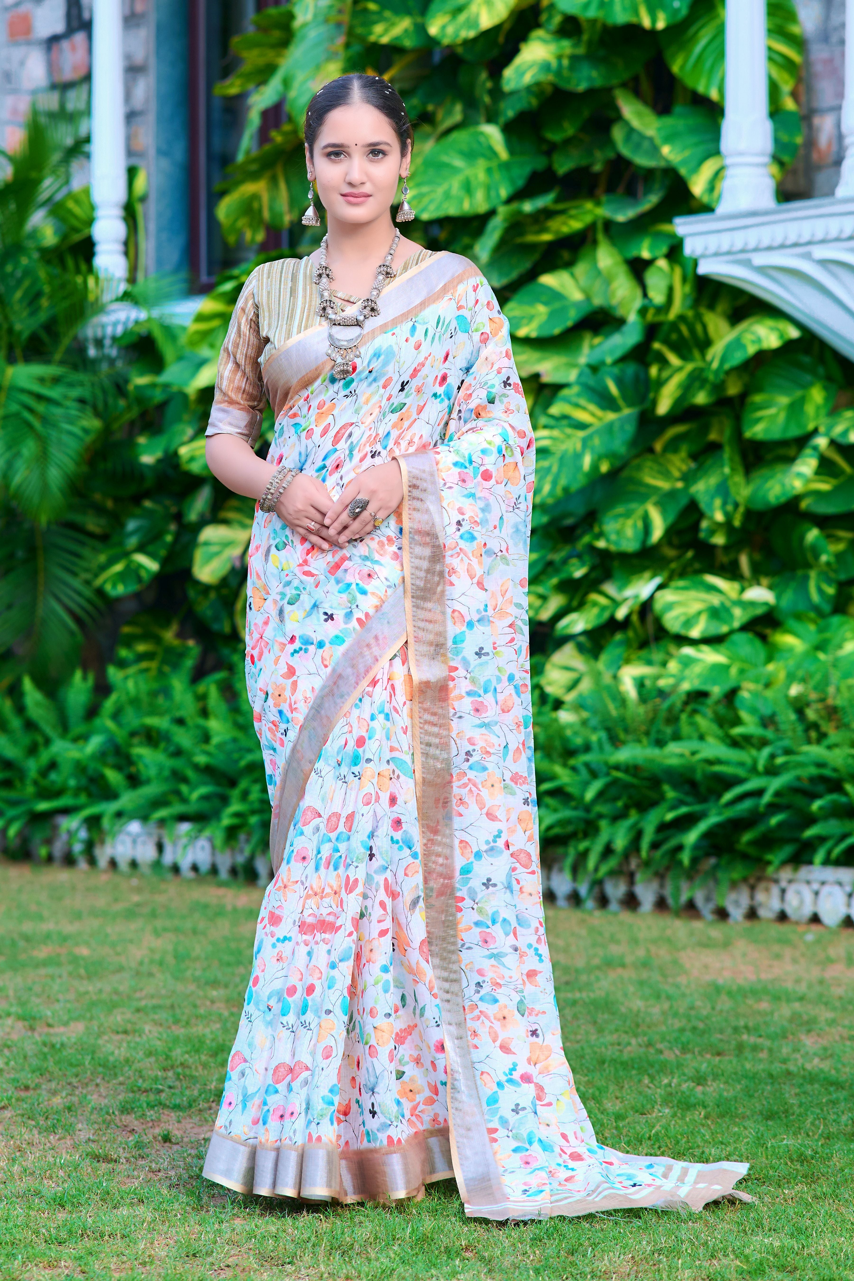 Multy Linen Cotton Designer Printed Ethnic Festive Saree