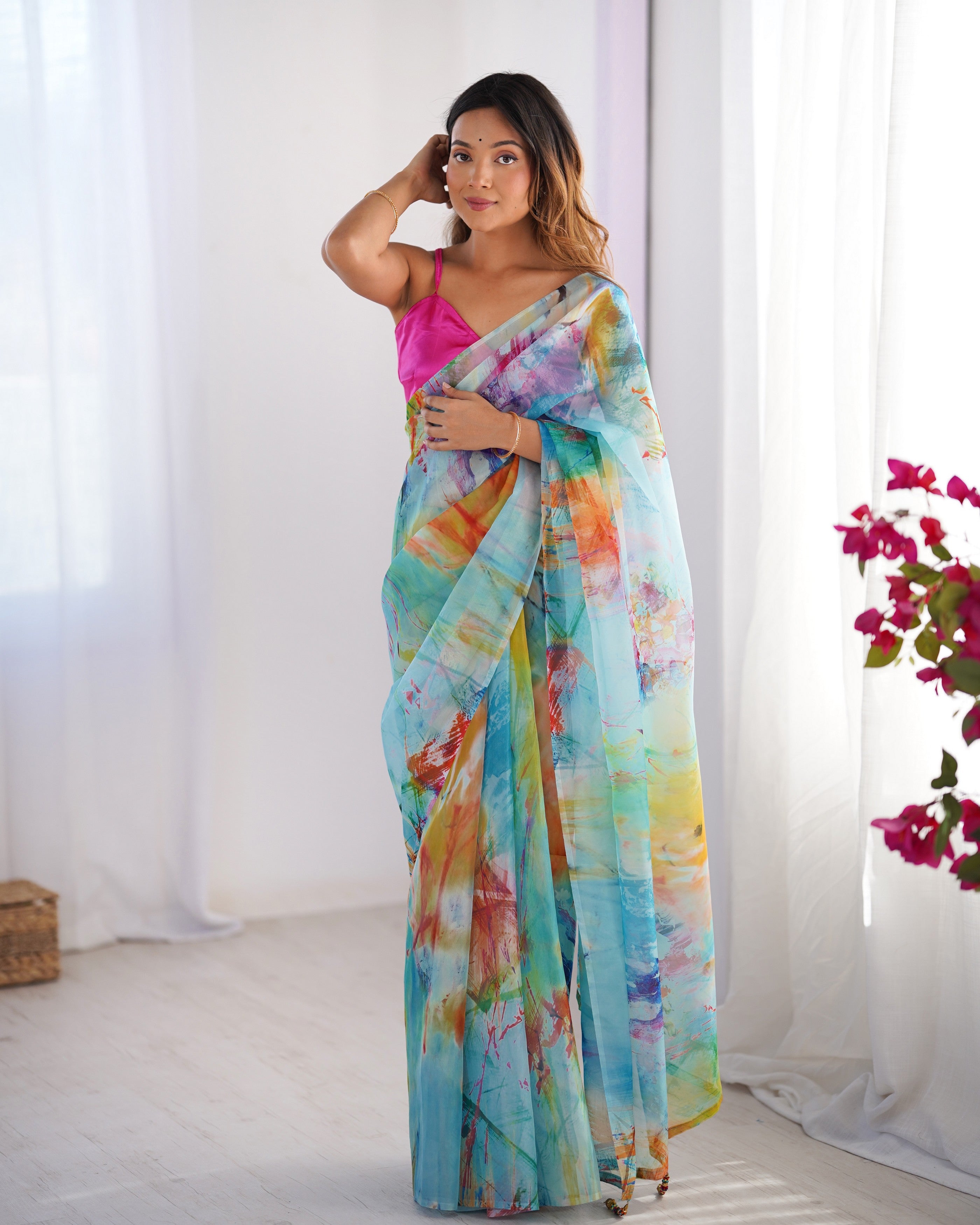 Multy Organza Designer Printed Fancy Partywear Saree