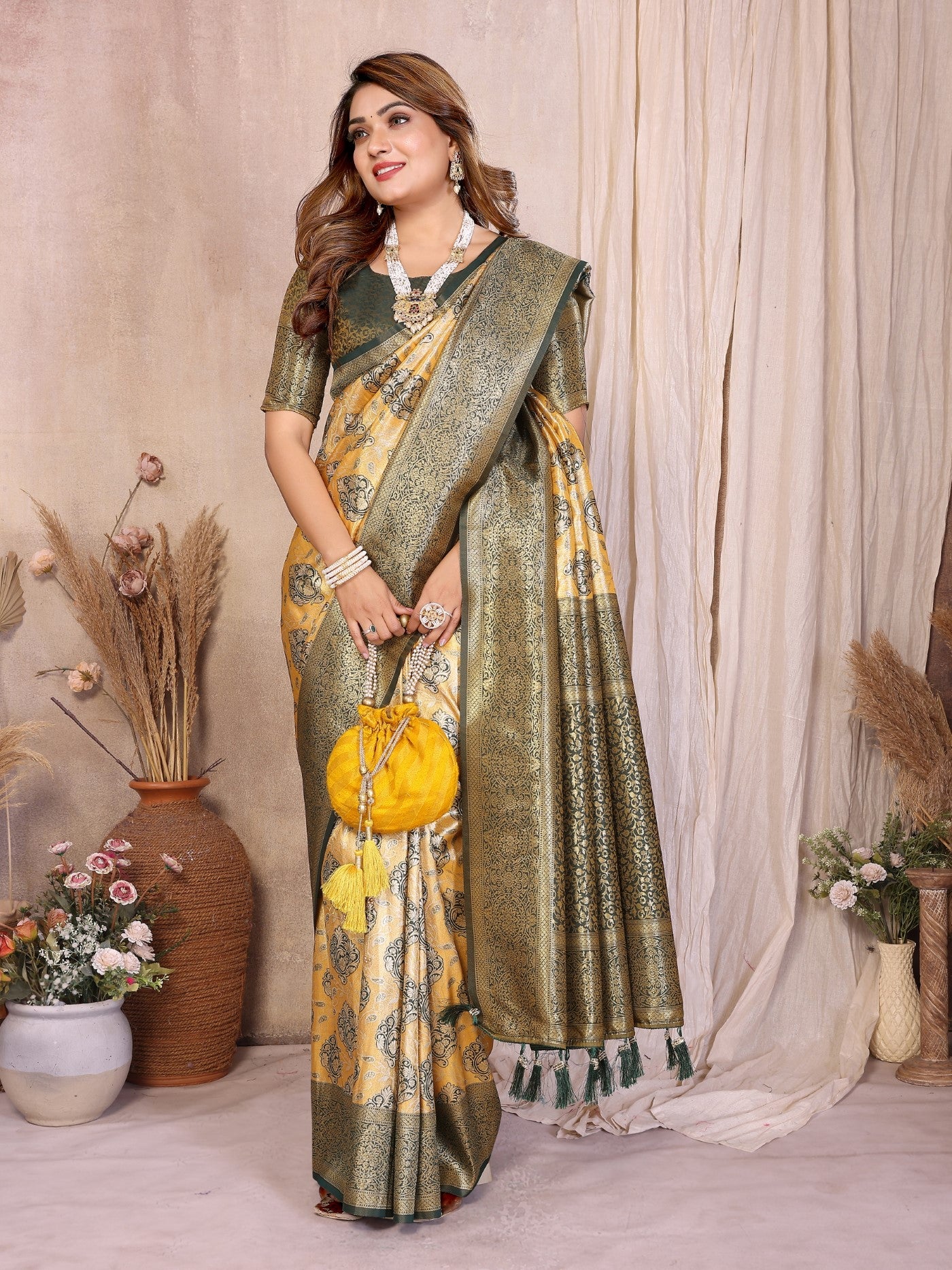 Mustard Banarasi Tissue Silk Saree With Traditional Weaving