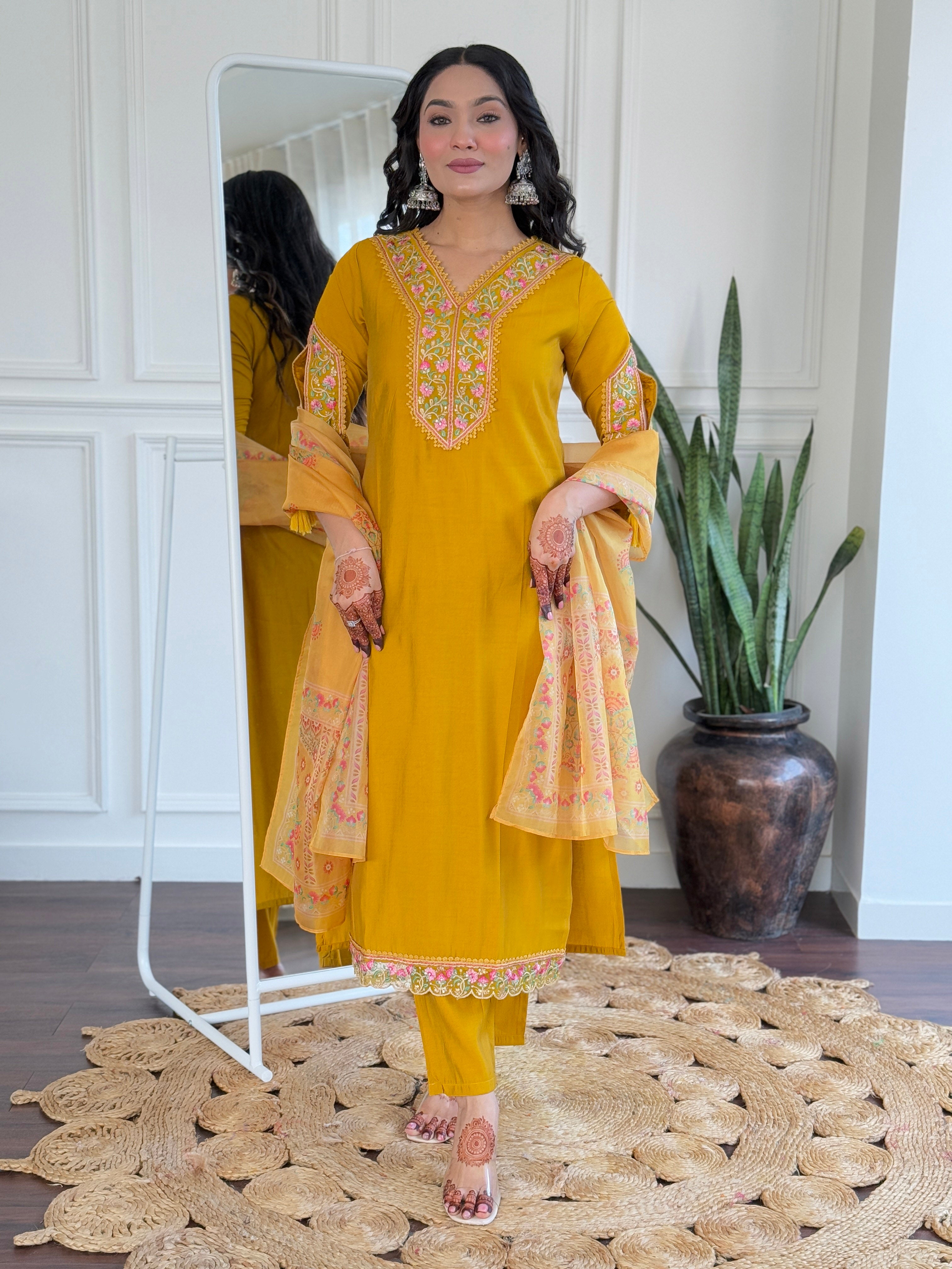 Mustard Bsy Viscose Elegant Kurta Pant Set With Thread Work