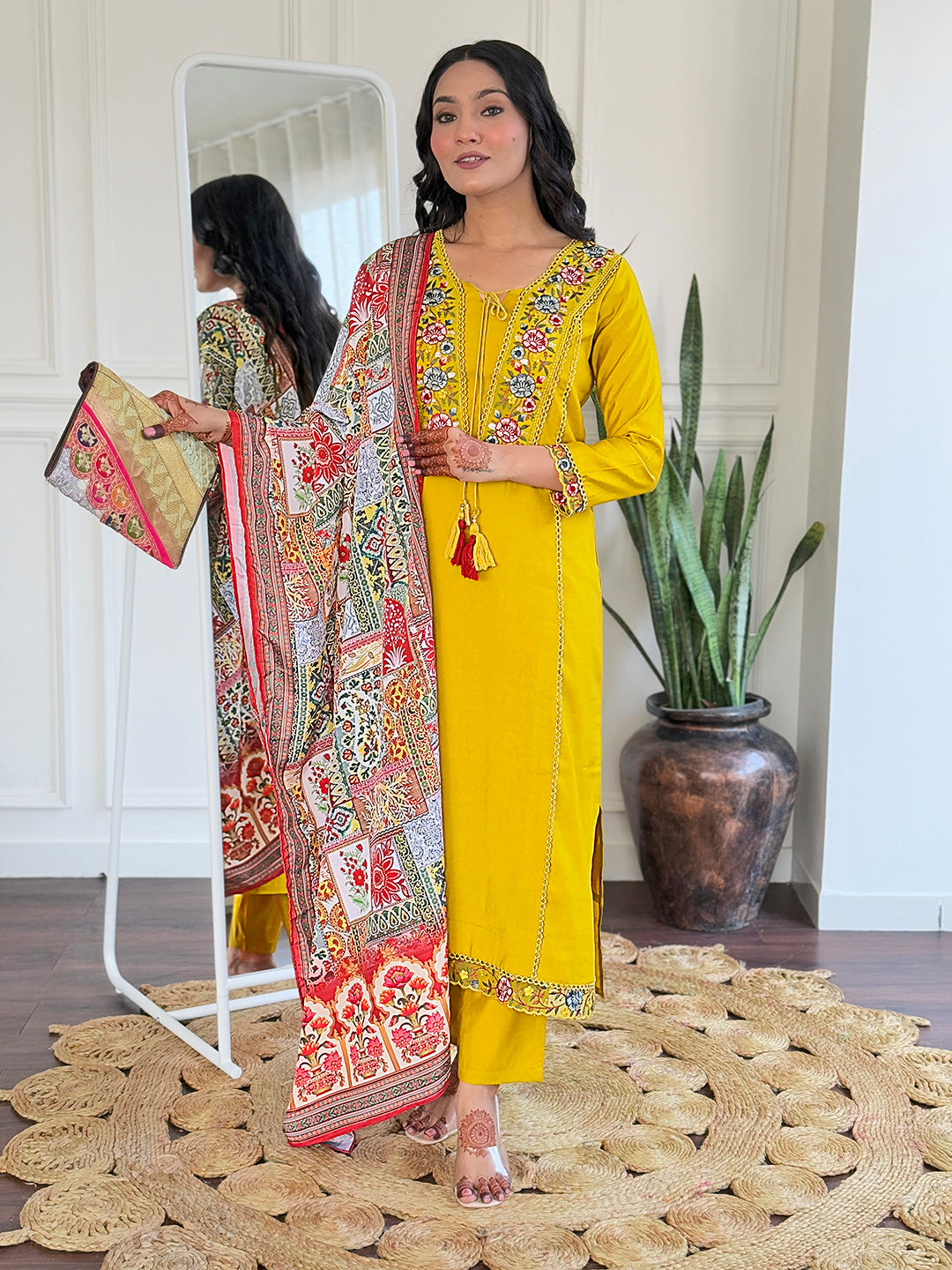 Mustard Bsy Viscose Elegant Kurta Pant Set With Thread Work