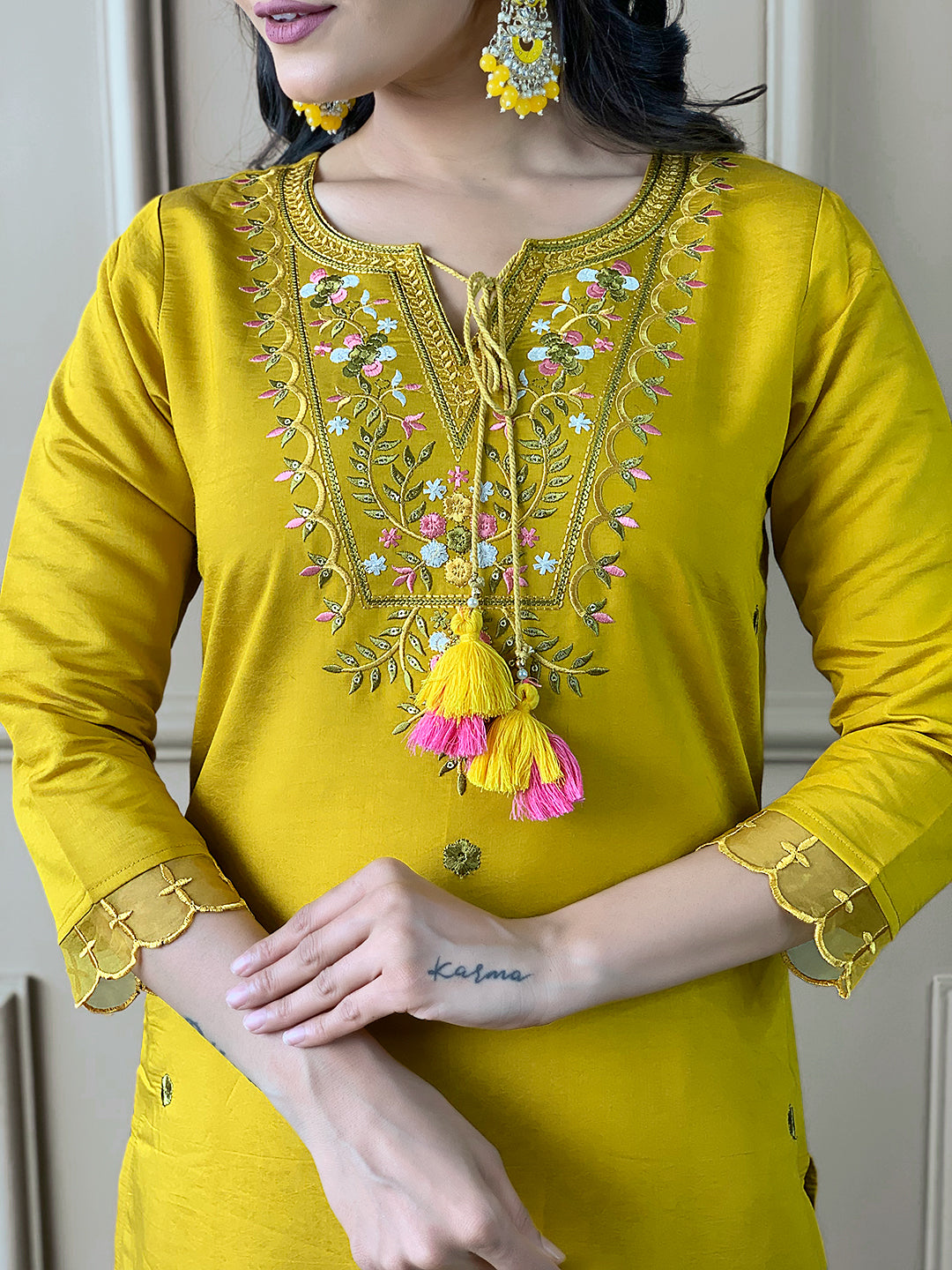 Mustard Chanderi Elegant Kurta Pant Set With Embroidery Work