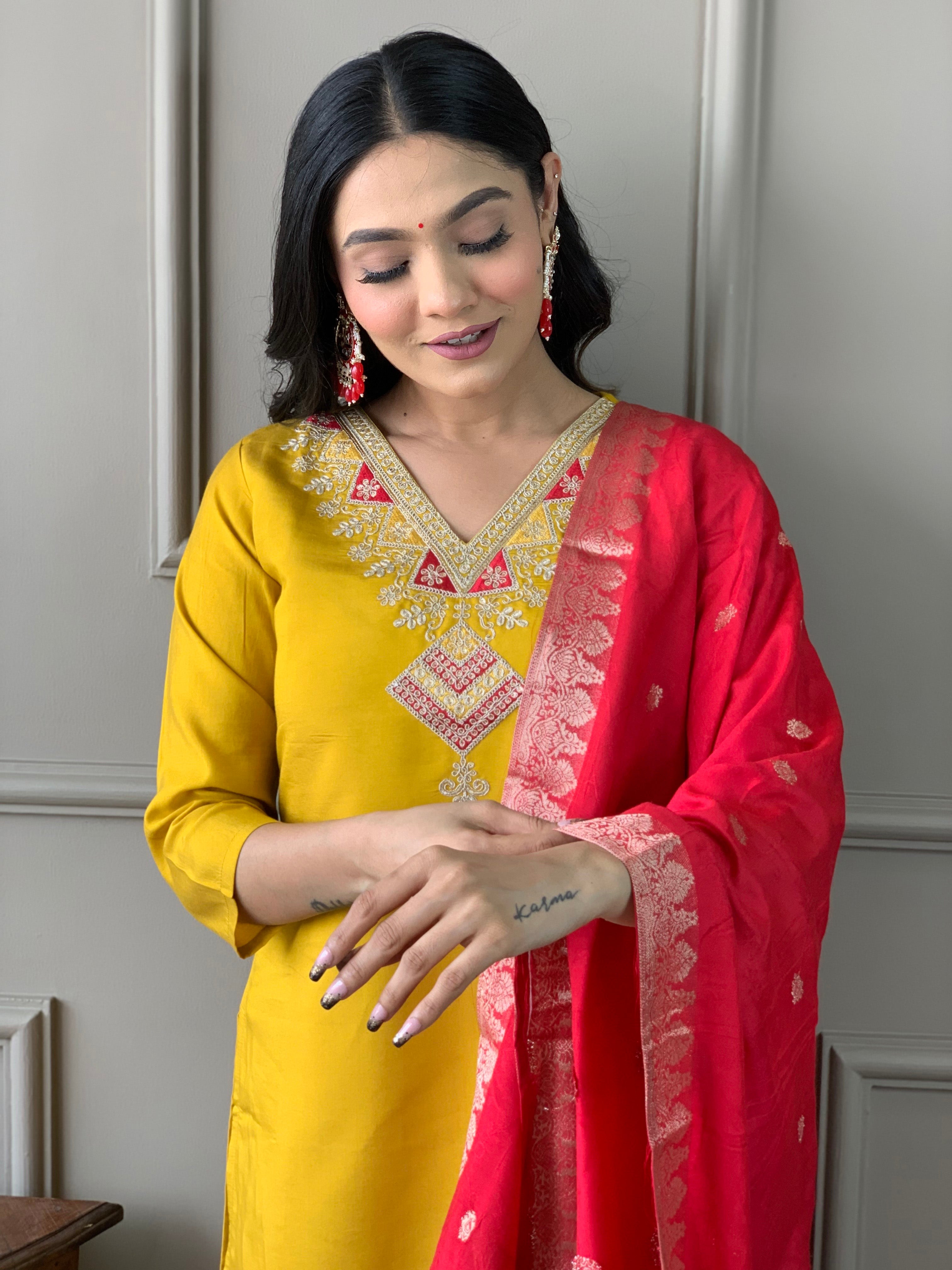 Mustard Chanderi Elegant Kurta Pant Set With Embroidery Work