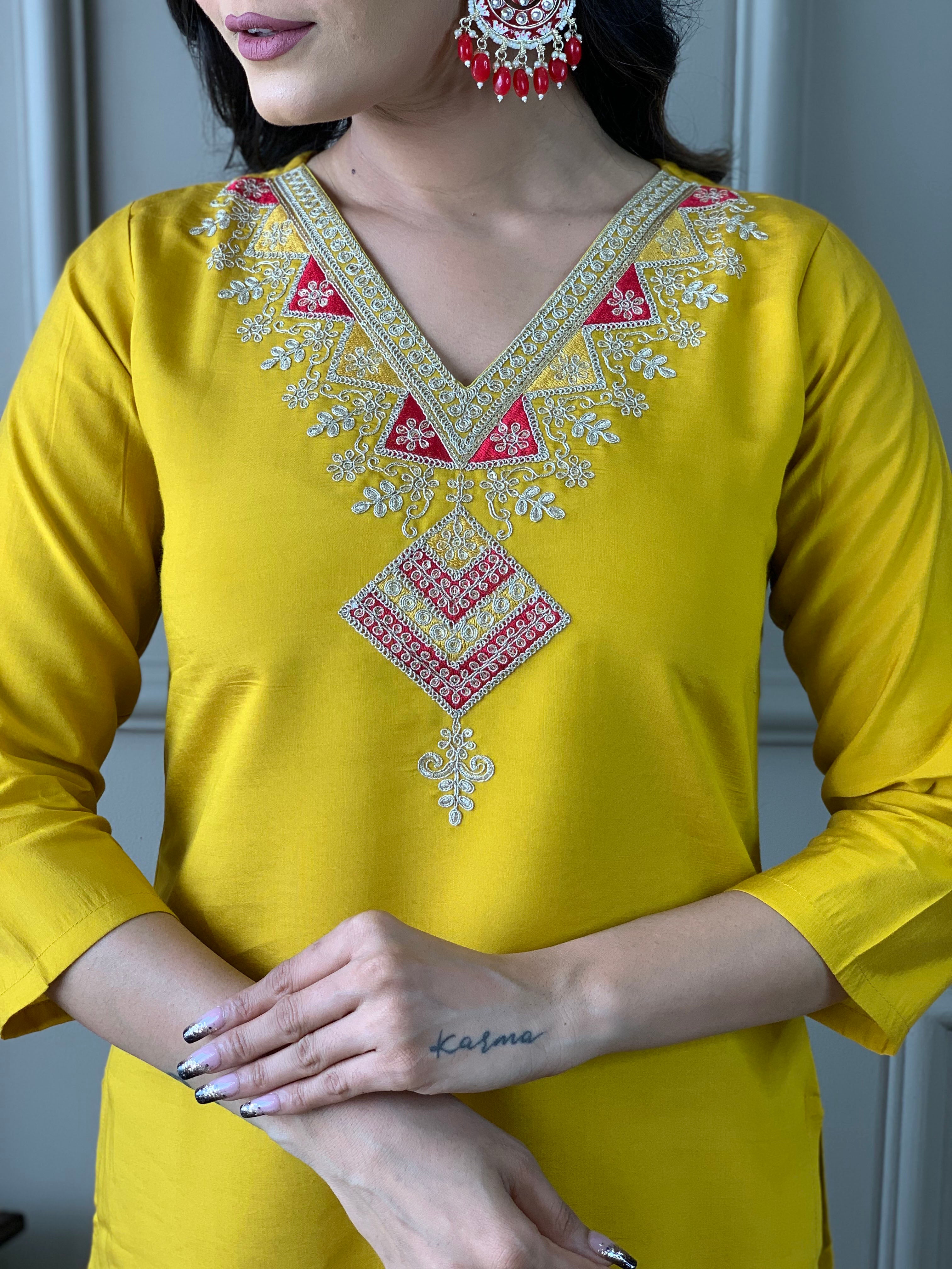 Mustard Chanderi Elegant Kurta Pant Set With Embroidery Work