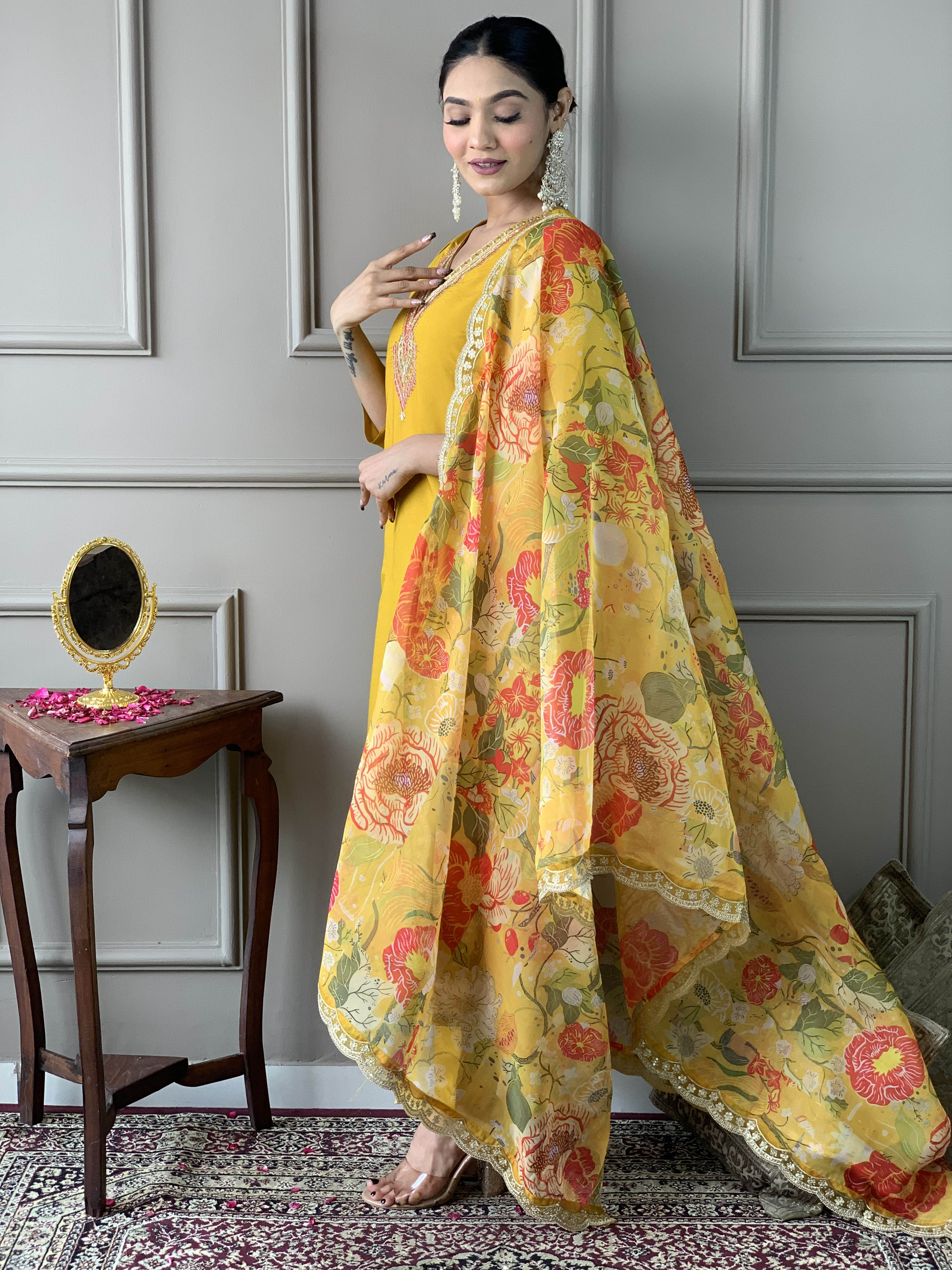 Mustard Chanderi Kurta Pant with Heavy Thread Embroidery Work With Printed Dupatta