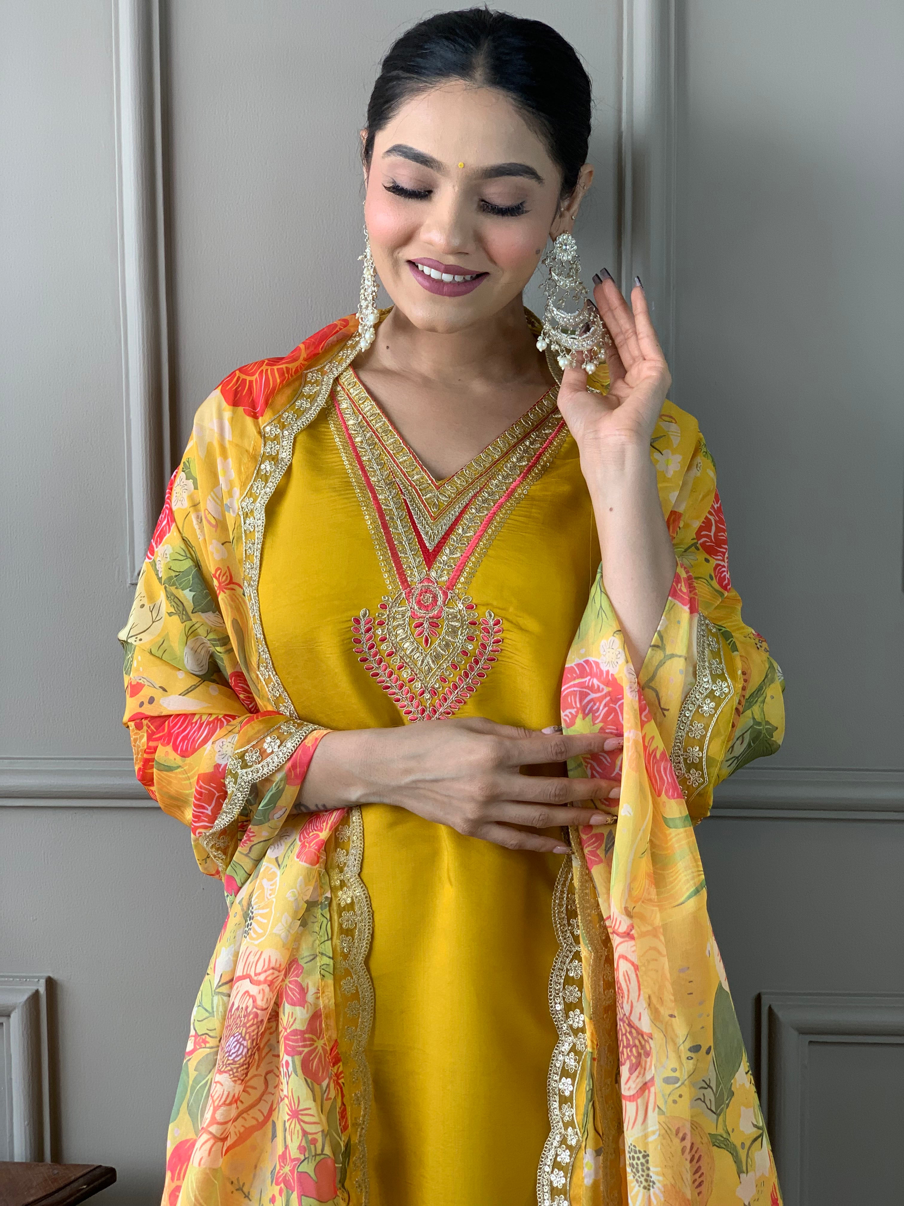 Mustard Chanderi Kurta Pant with Heavy Thread Embroidery Work With Printed Dupatta