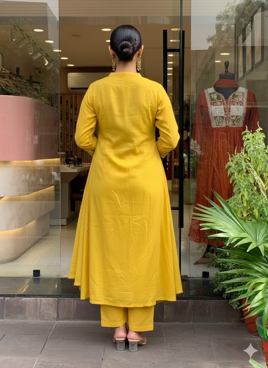 Mustard Chanderi Silk Kurta Pant Set With Heavy Thread Embroidery Work