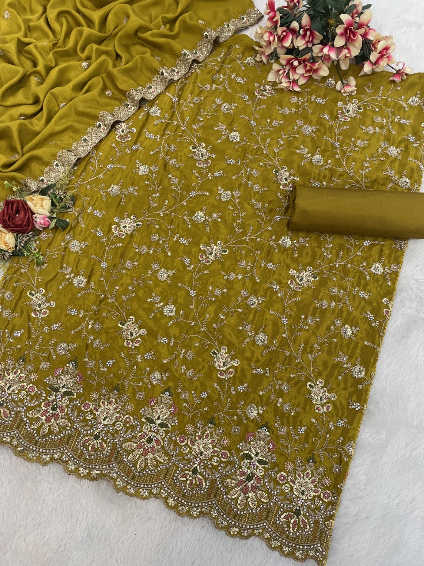 Mustard Chinon Designer Suit Set With Elegant Embroidery