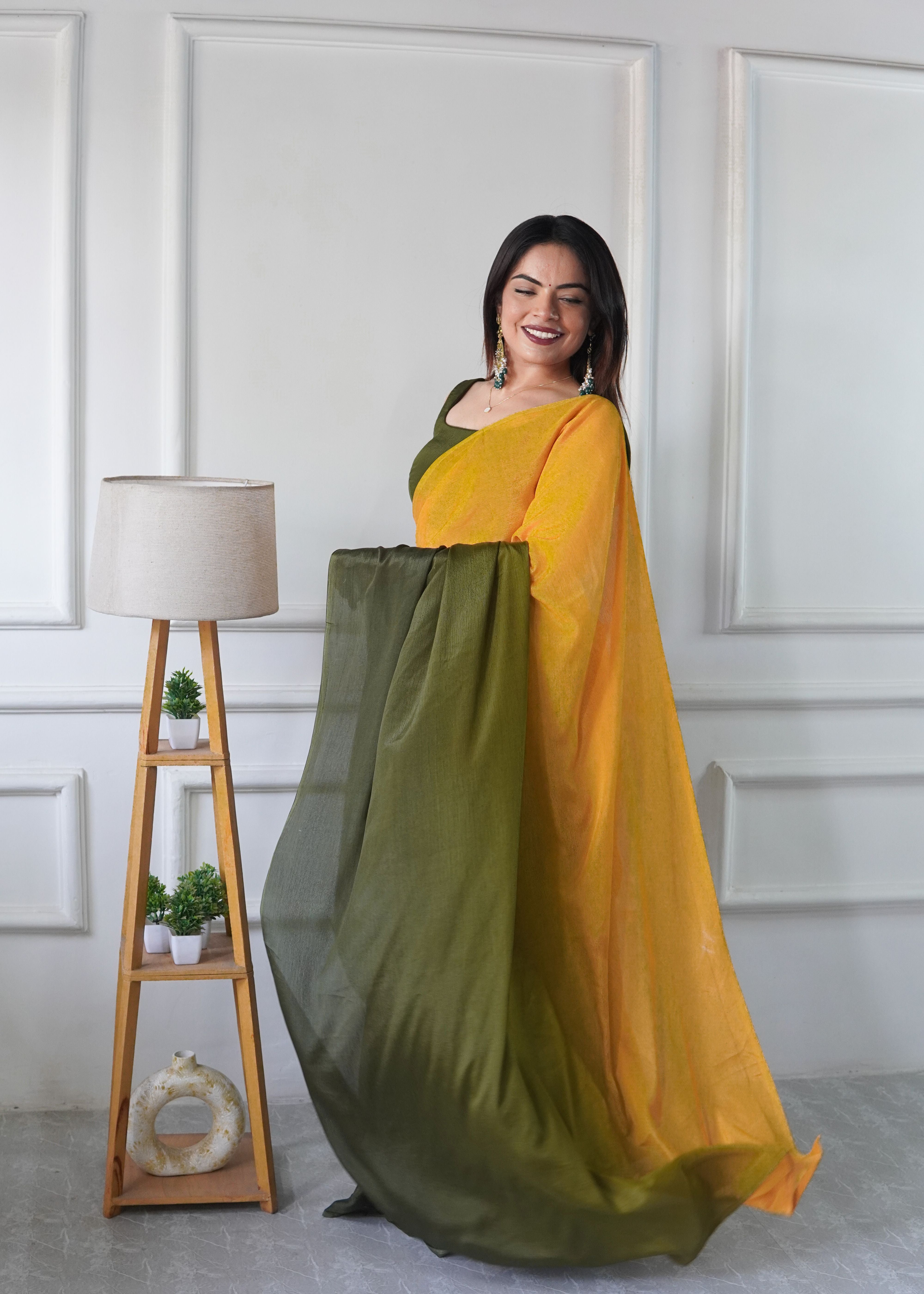 Mustard Chinon Pedding Solid Designer Ready To Wear Saree