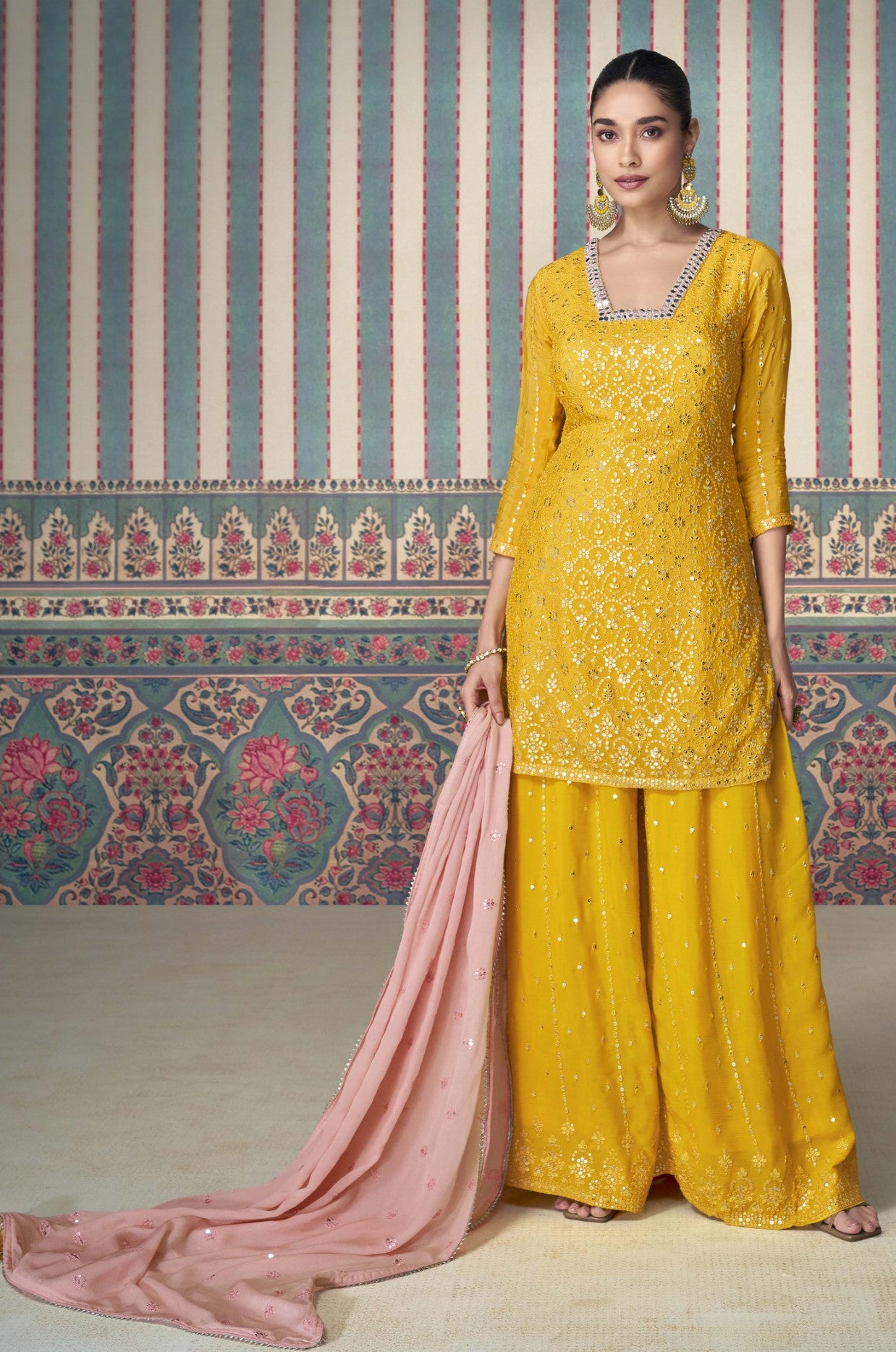 Mustard Chinon Silk Palazzo Suit With Sequin Embroidery