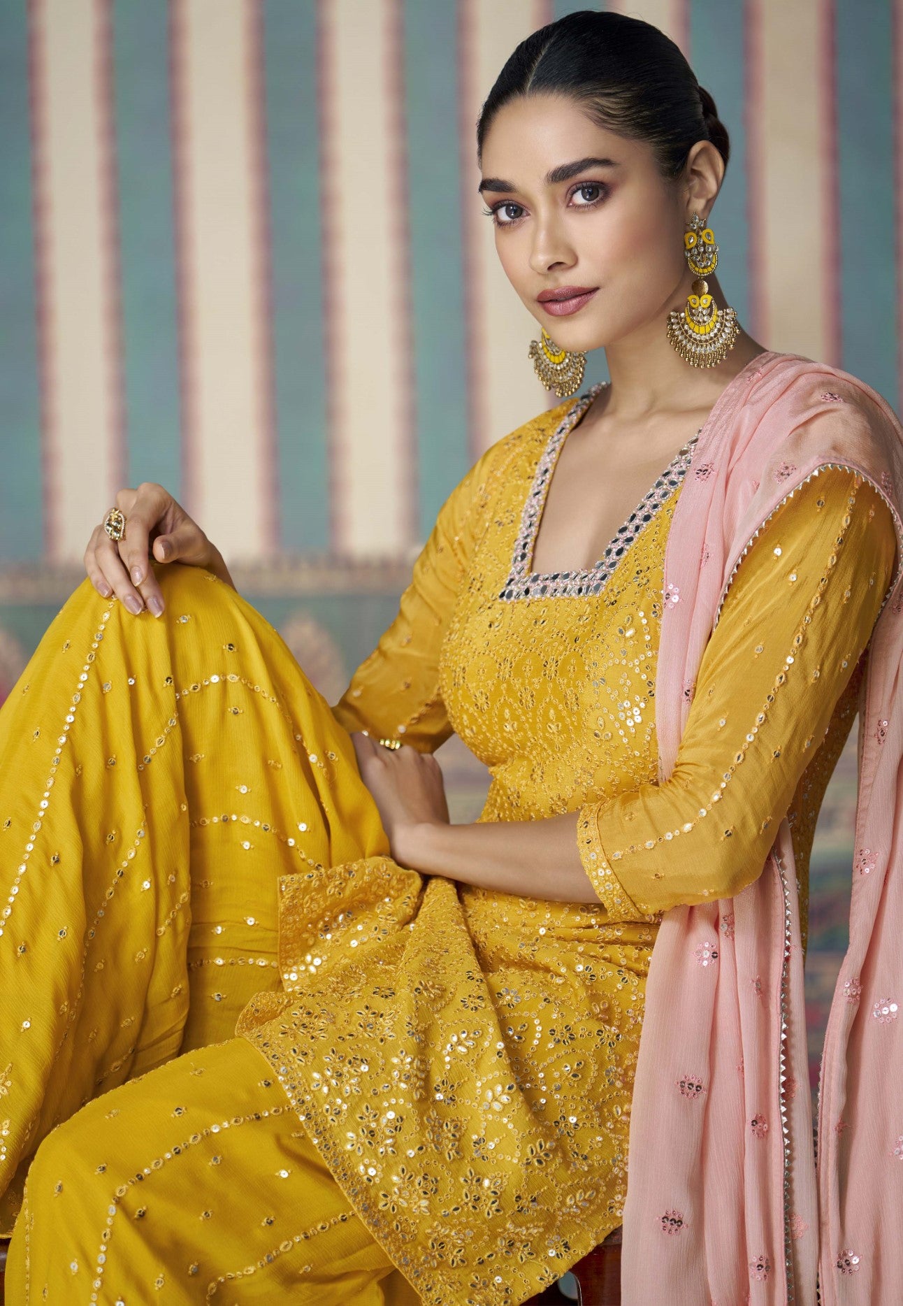 Mustard Chinon Silk Palazzo Suit With Sequin Embroidery