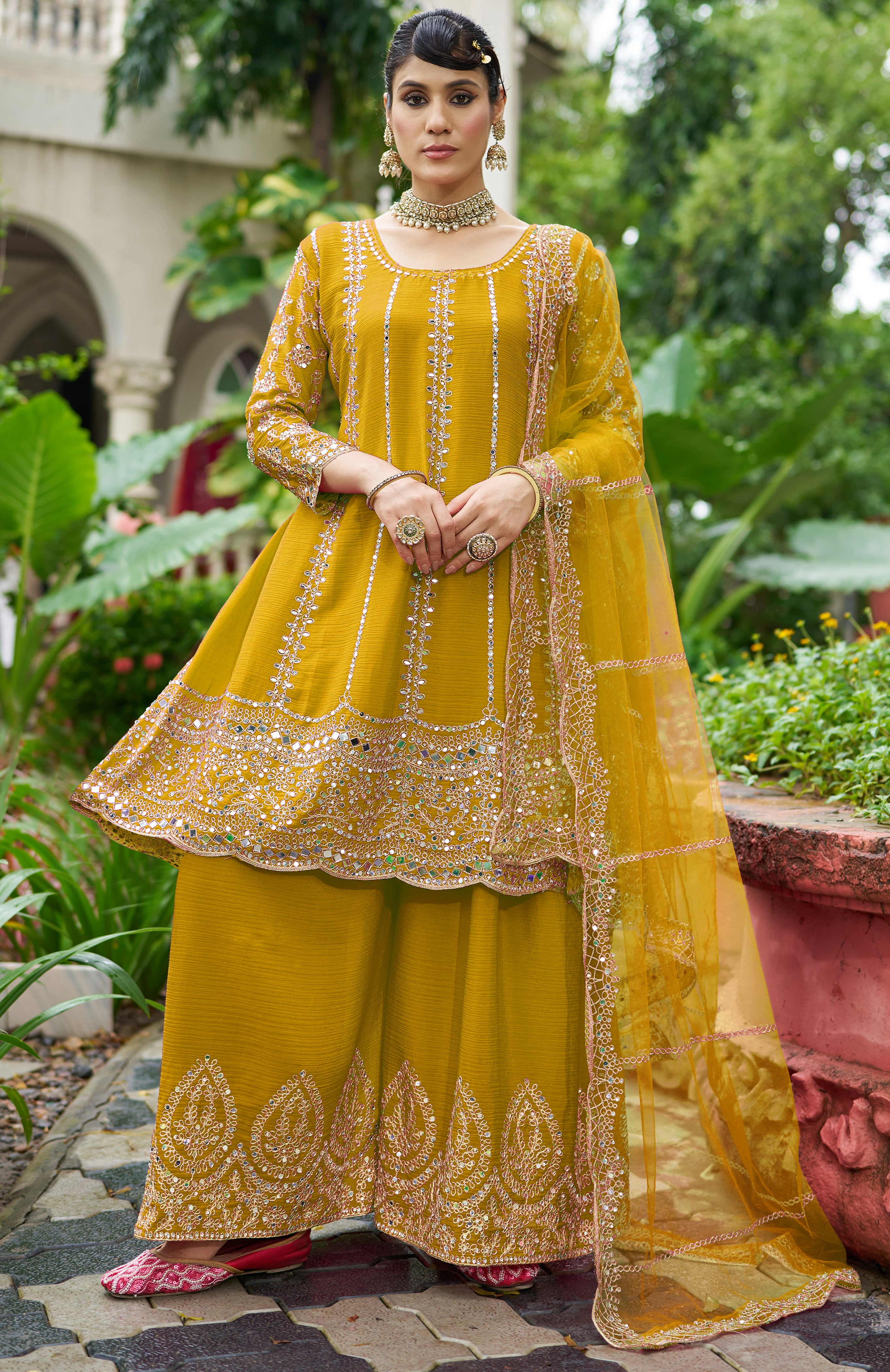 Mustard Chinon Silk Salwar Suit With Real Mirror Work