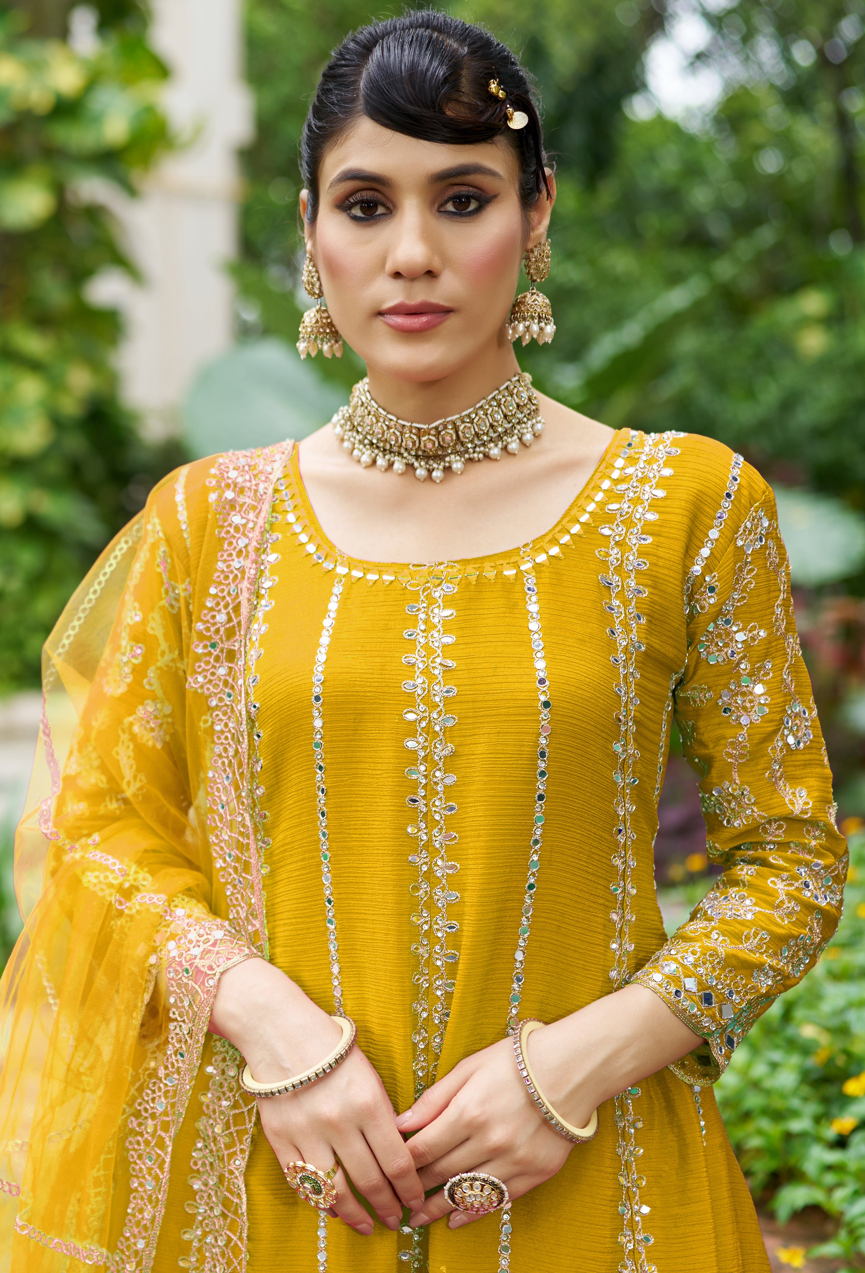 Mustard Chinon Silk Salwar Suit With Real Mirror Work