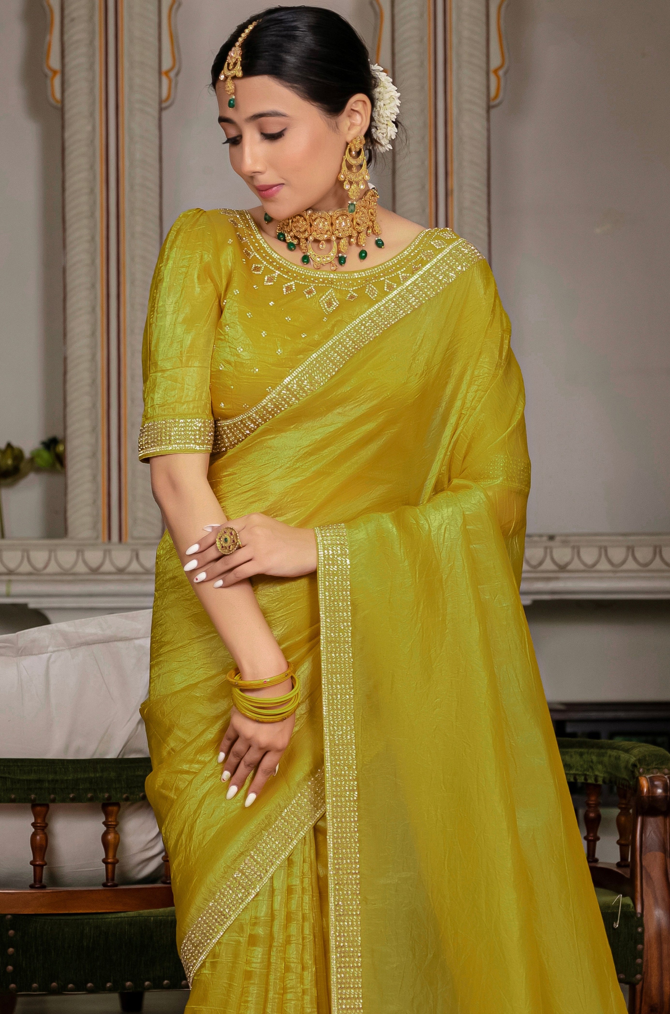 Mustard Color Gold Crush Saree With  Cutdana With Zarkan Work