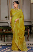 Mustard Color Gold Crush Saree With  Cutdana With Zarkan Work