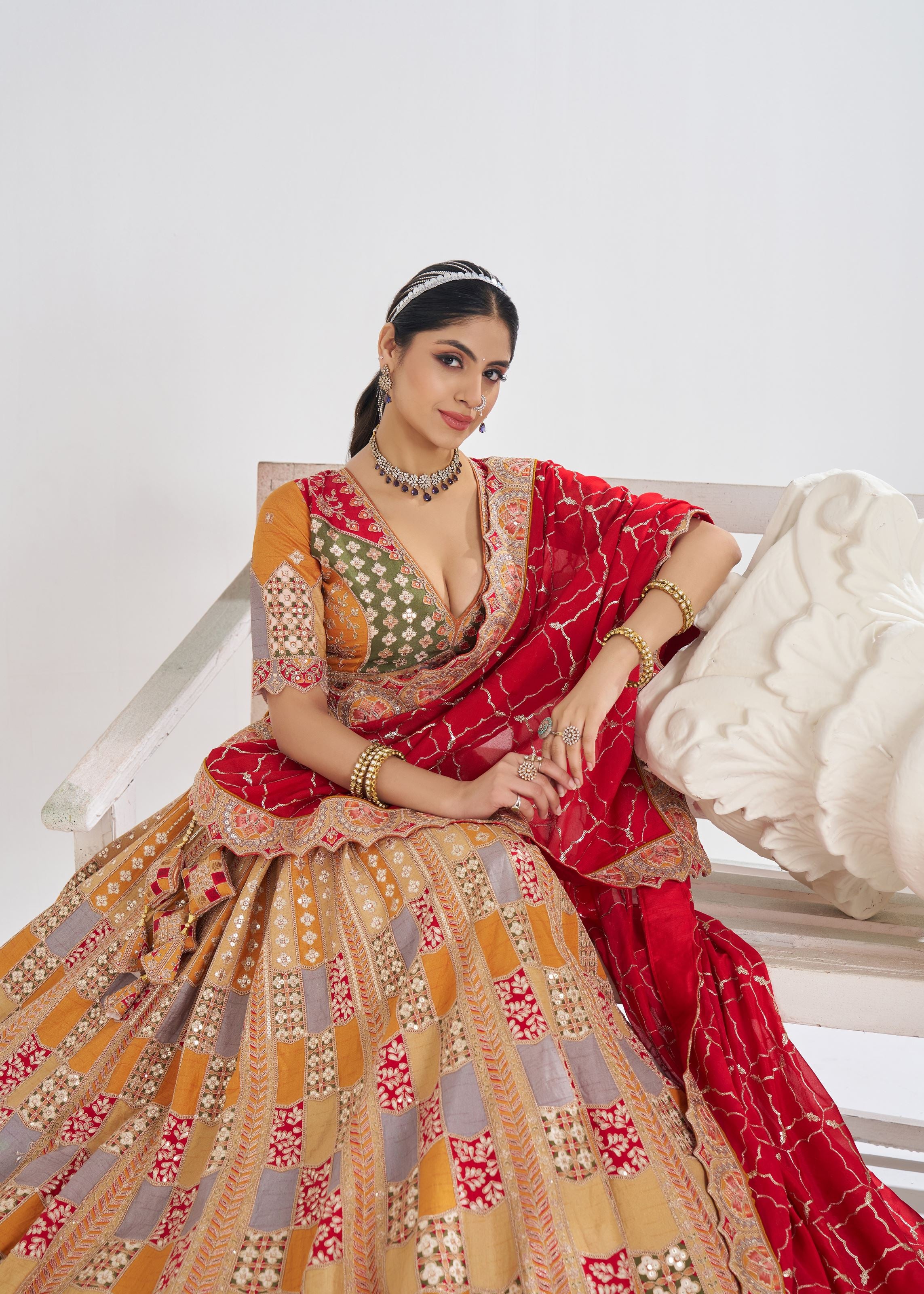 Mustard Color Position Print Jaal Patterned Party Wear Lehenga