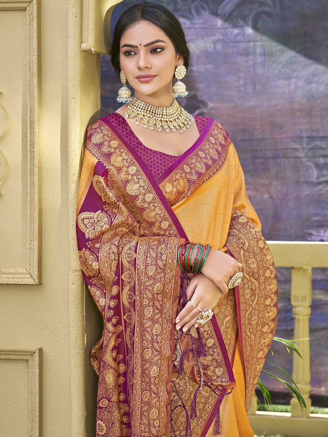 Mustard Color Woven Work Banarasi Silk Saree