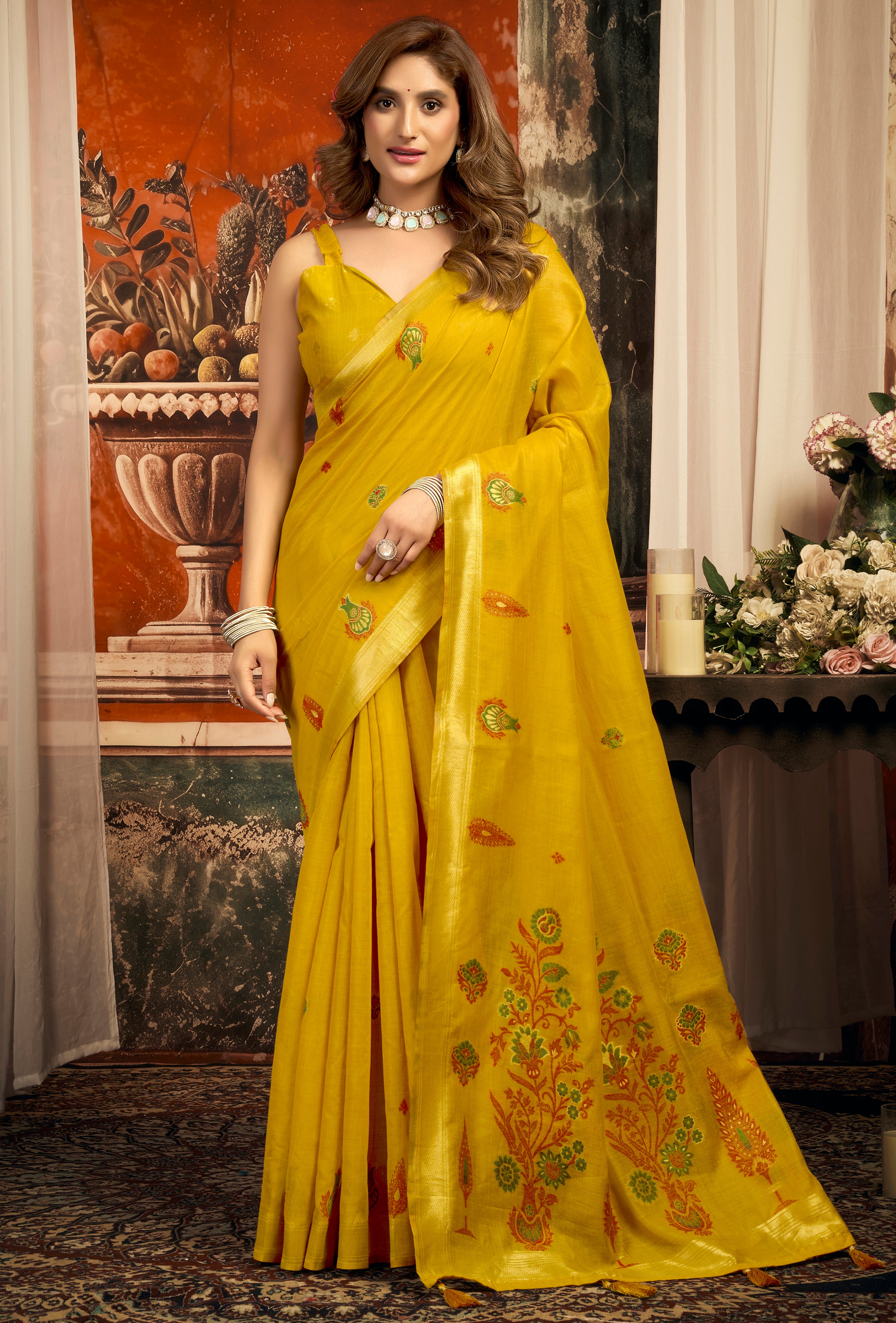 Mustard Cotton Saree with Traditional Zari Border & Fancy Tassels