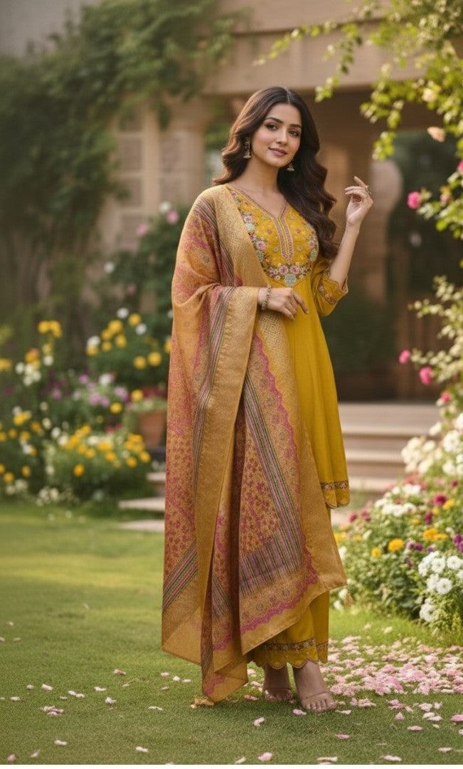 Mustard Cotton Silk Designer Suit Set With Artisan Embroidery