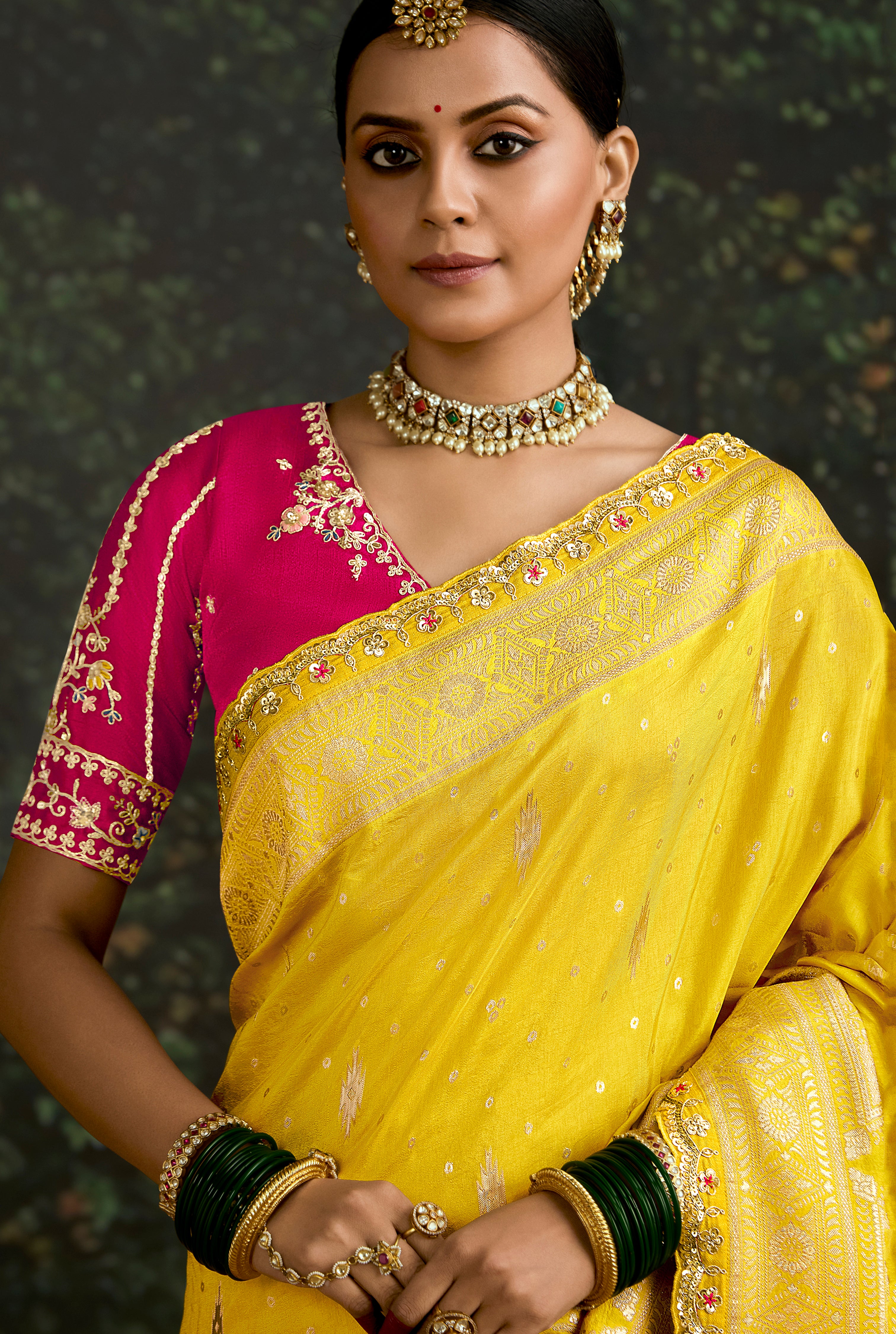 Mustard Dola Silk Saree With  Jacquard Woven with Embroidered Lace Border