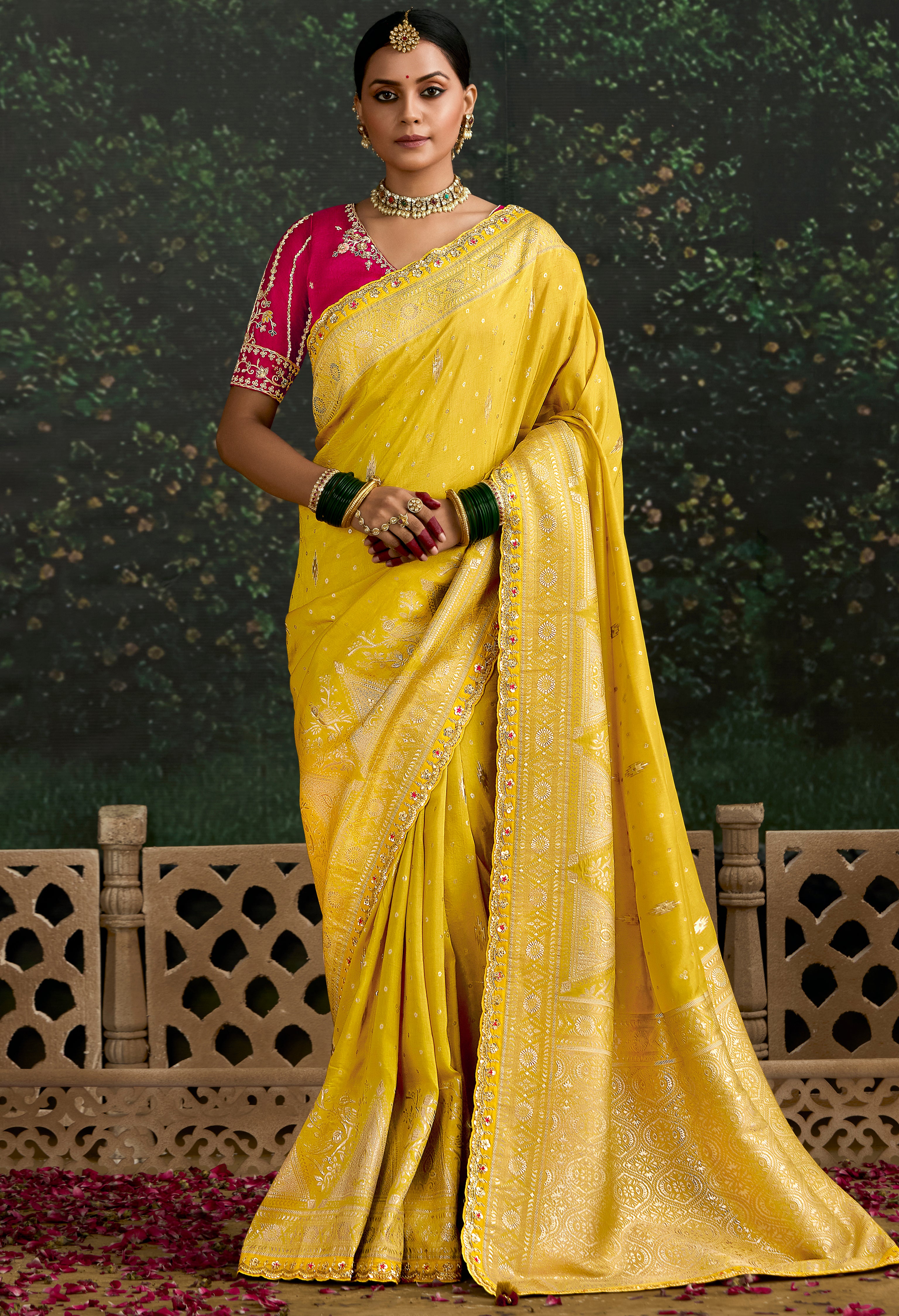 Mustard Dola Silk Saree With  Jacquard Woven with Embroidered Lace Border