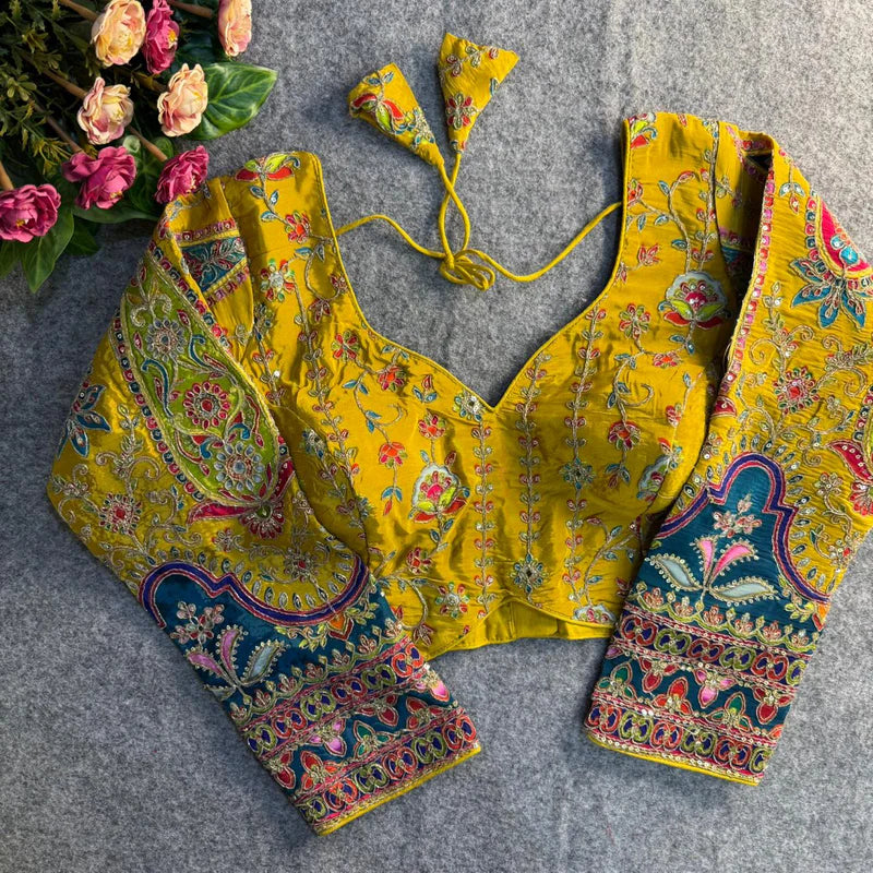Mustard Elegant Heavy Position Work Long Sleeve Blouse  Pure Crepe Embroidered & Sequined Partywear