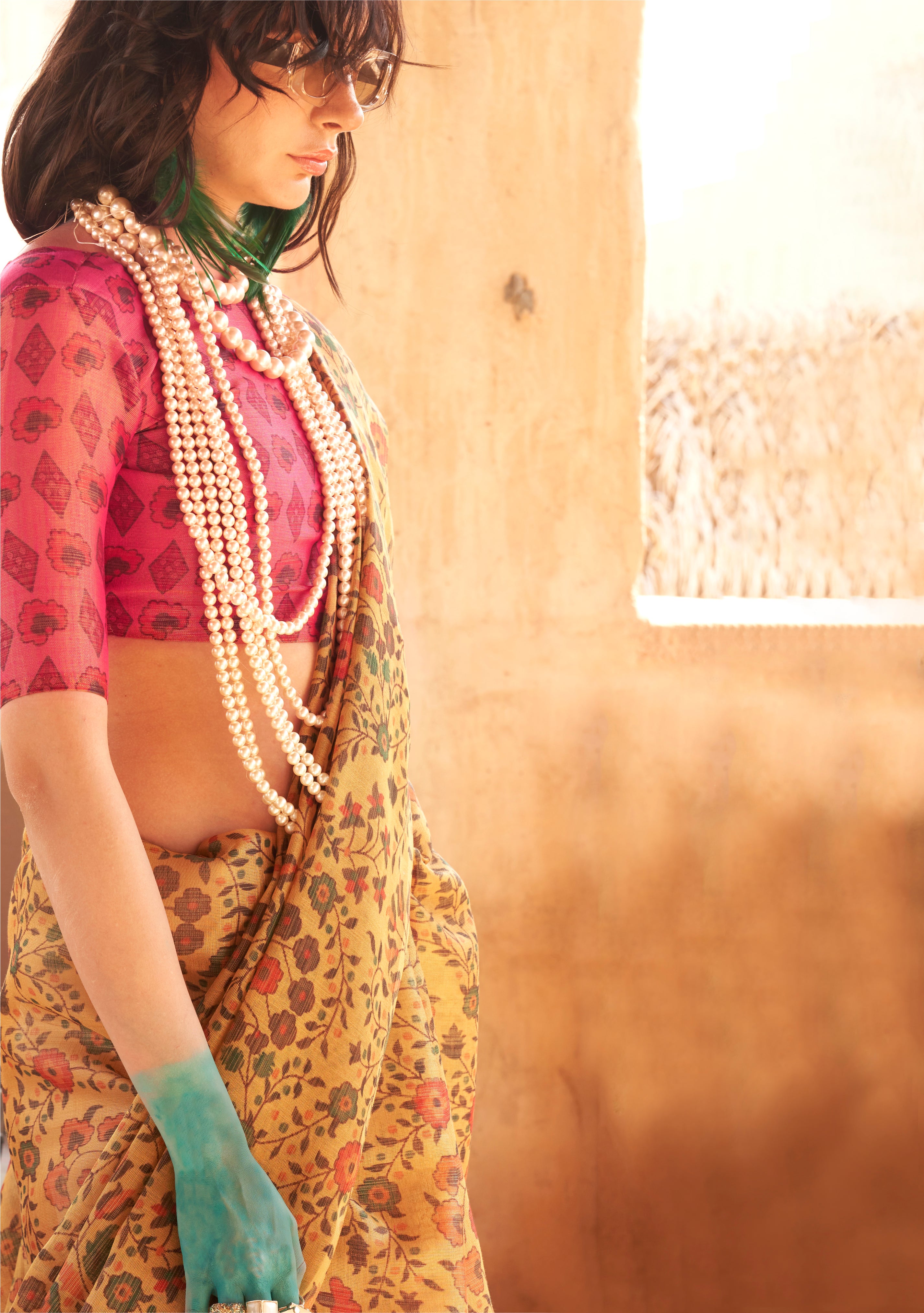Mustard Handloom Silk Saree With  Printed