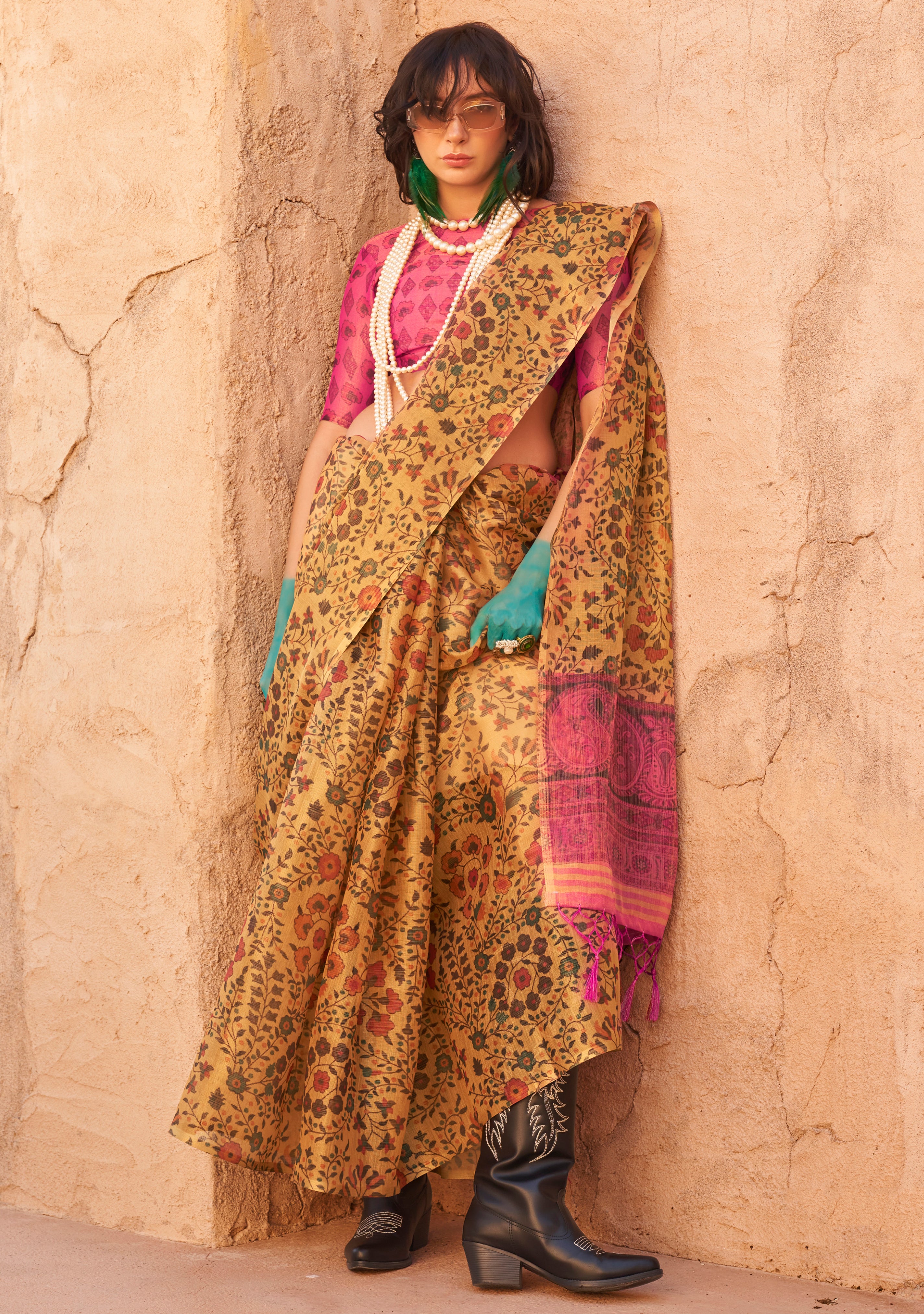 Mustard Handloom Silk Saree With  Printed
