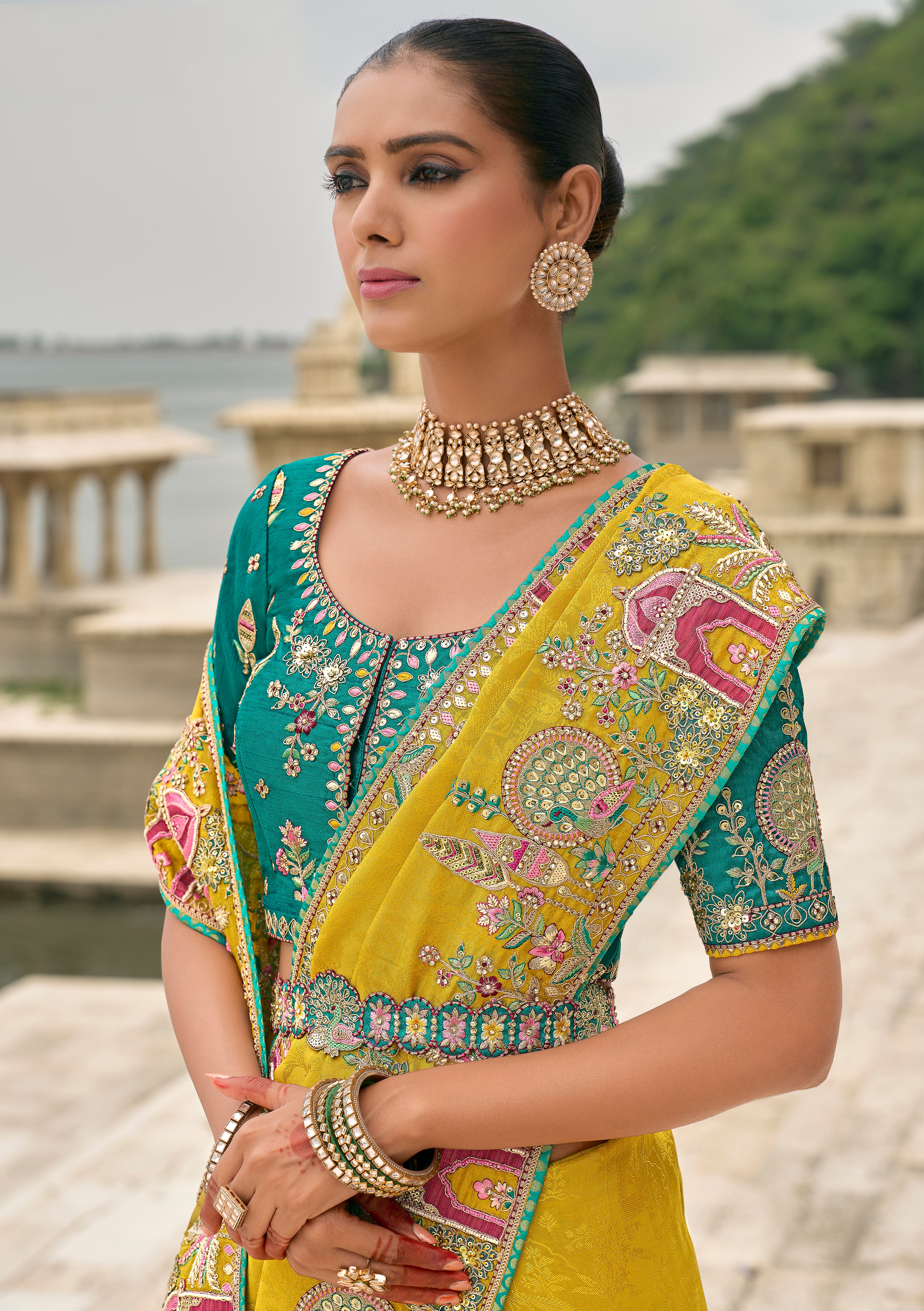 Mustard Jacquard Saree With  Heavy Thread Embroidery and Sequins Work