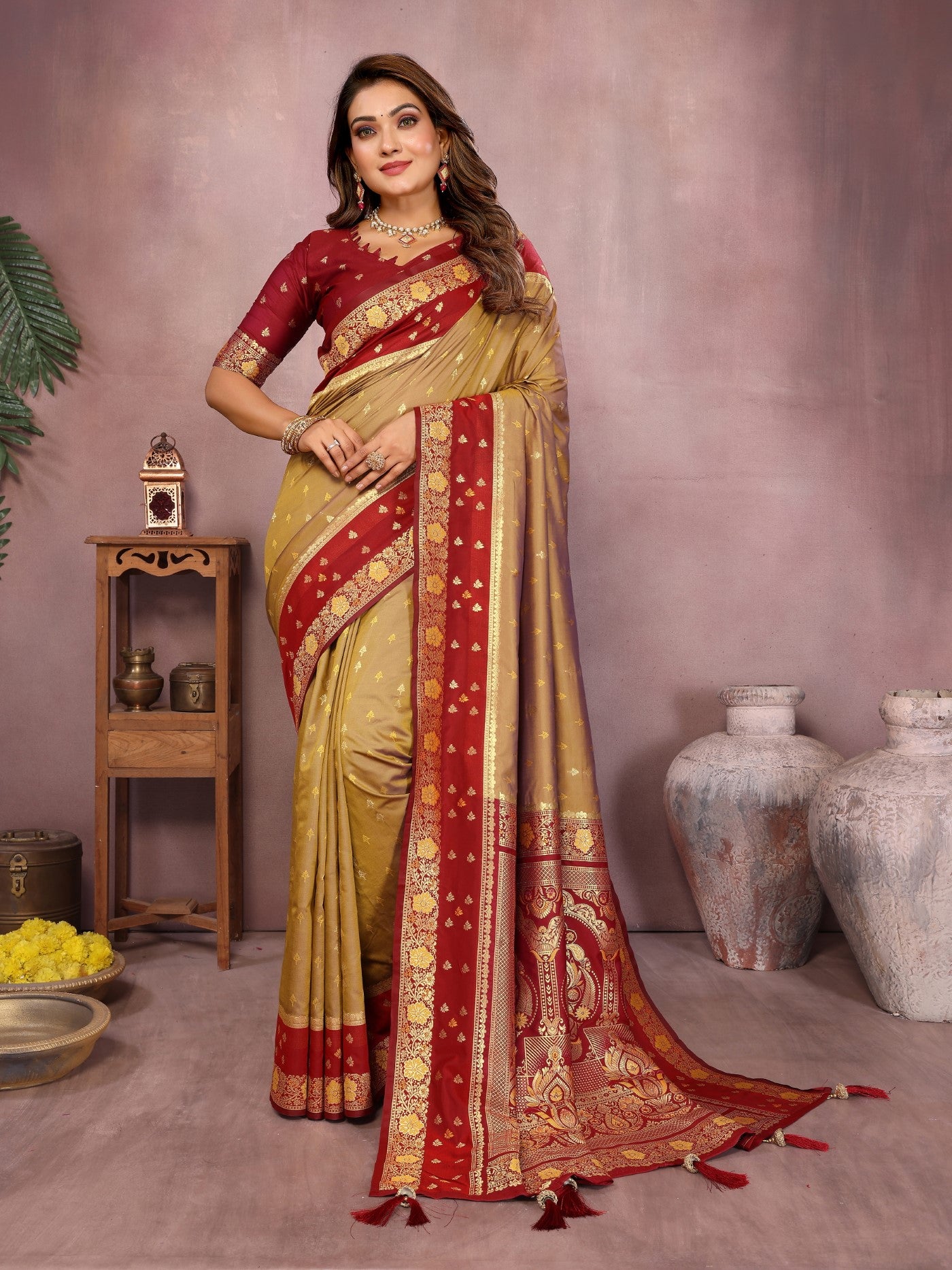 Mustard Kalamkari Silk Saree With Zari Woven