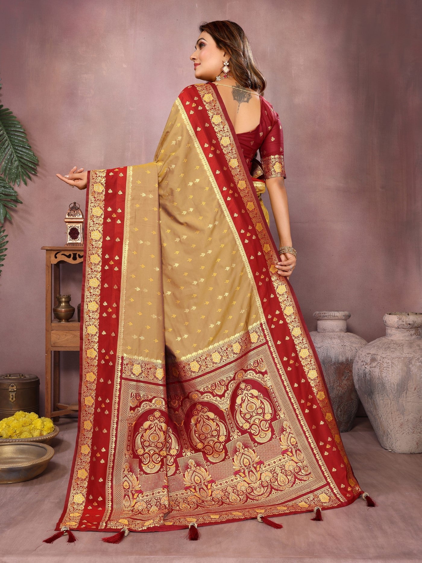 Mustard Kalamkari Silk Saree With Zari Woven