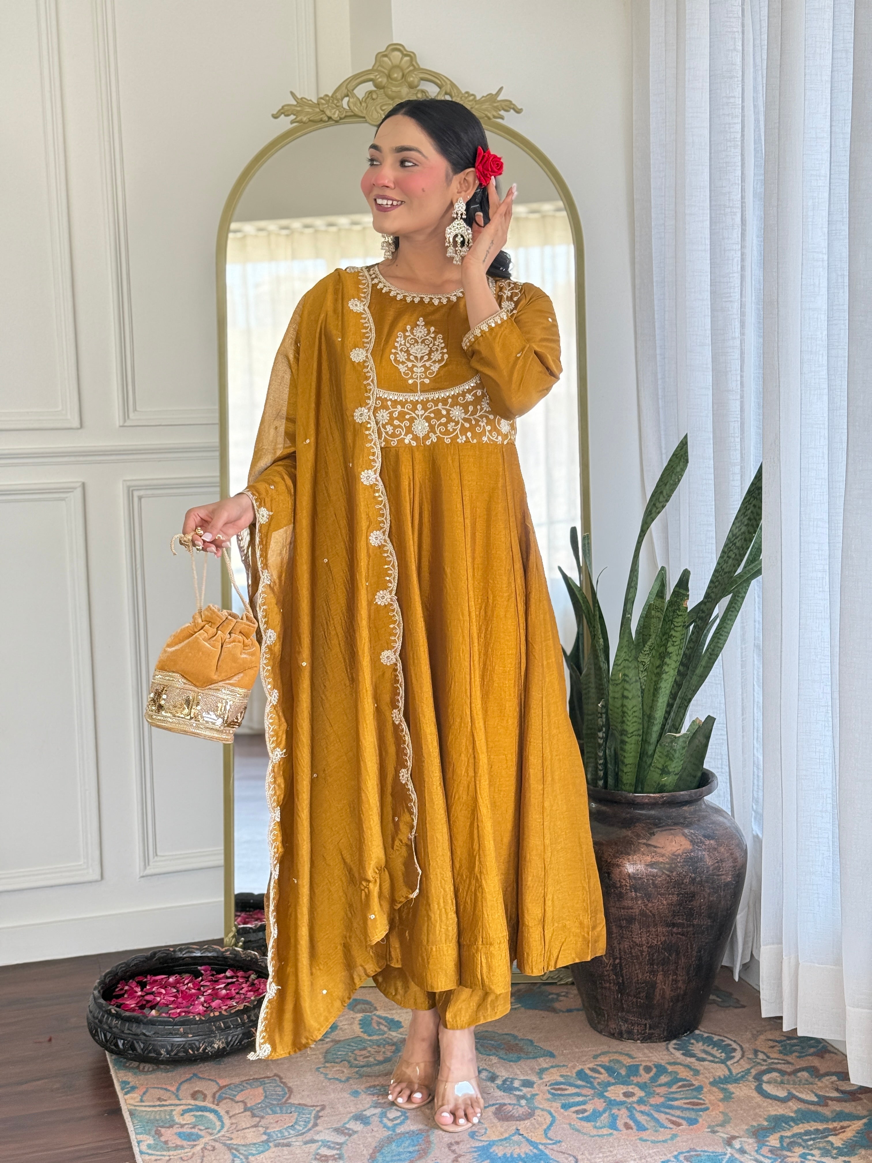 Mustard Kurta Pant Set With Heavy Thread Embroidery Sequins Work
