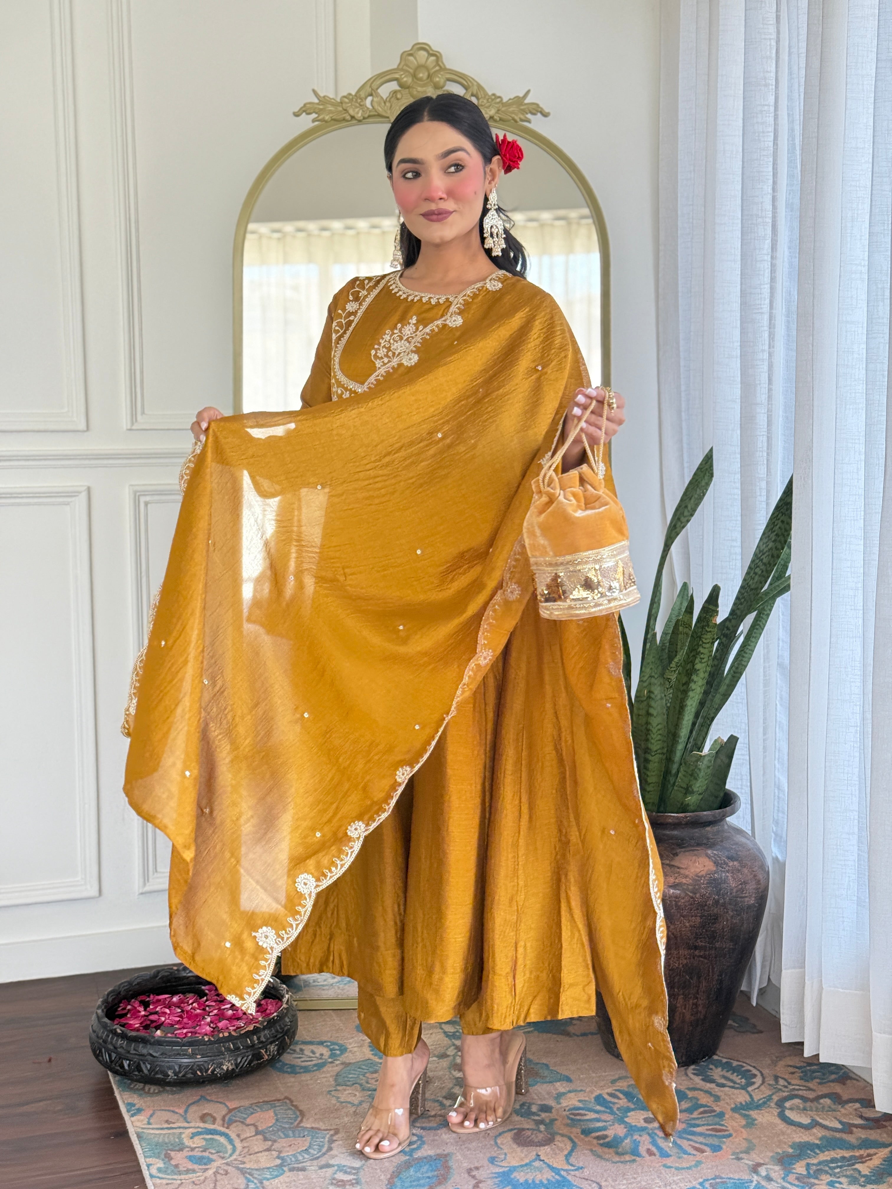 Mustard Kurta Pant Set With Heavy Thread Embroidery Sequins Work